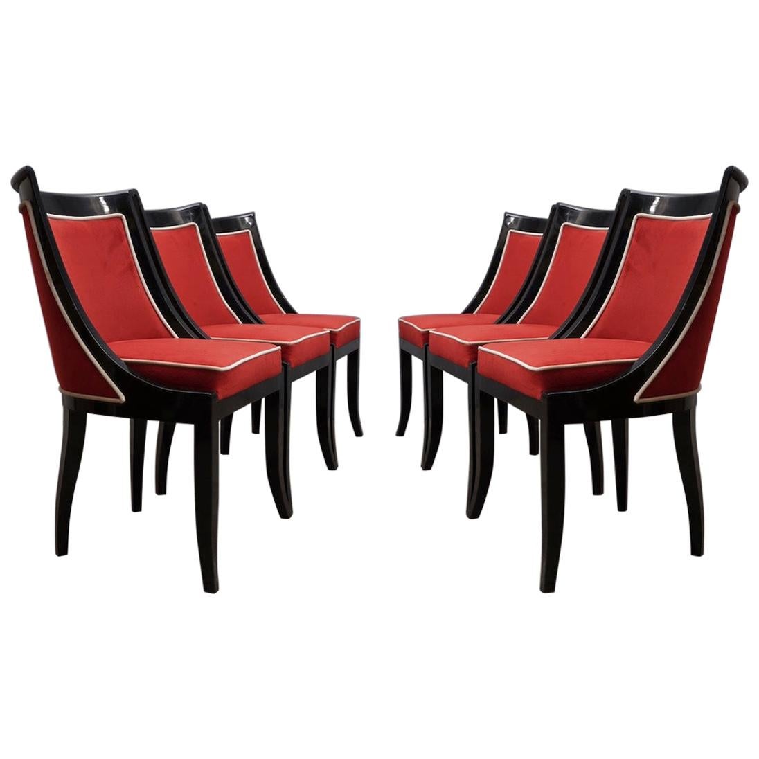Art Deco Black and Red Velvet French Chairs, 1940