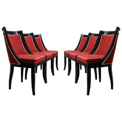 Art Deco Black and Red Velvet French Chairs, 1940