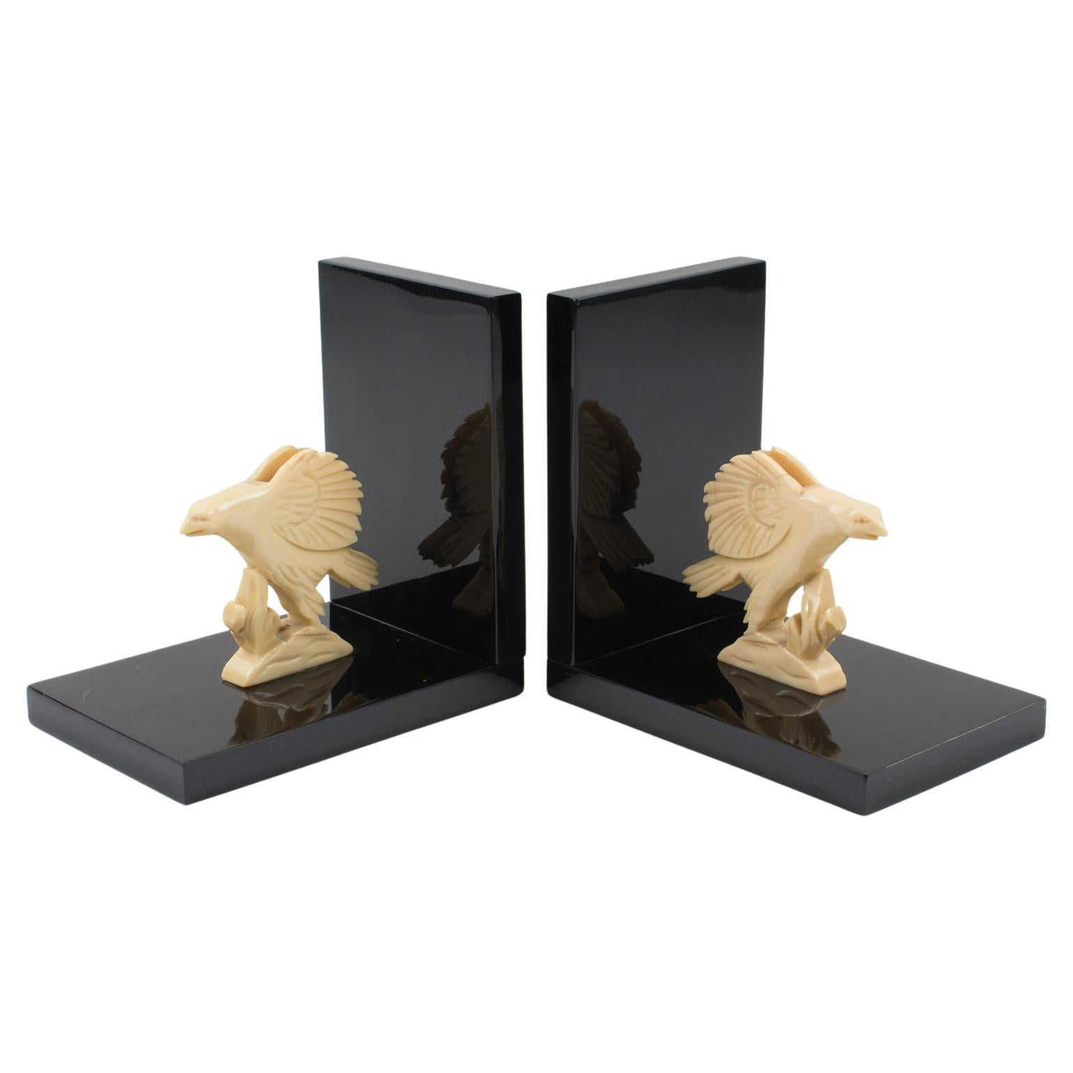 Art Deco Black and White Galalith Eagle Figural Bookends, 1930s For Sale
