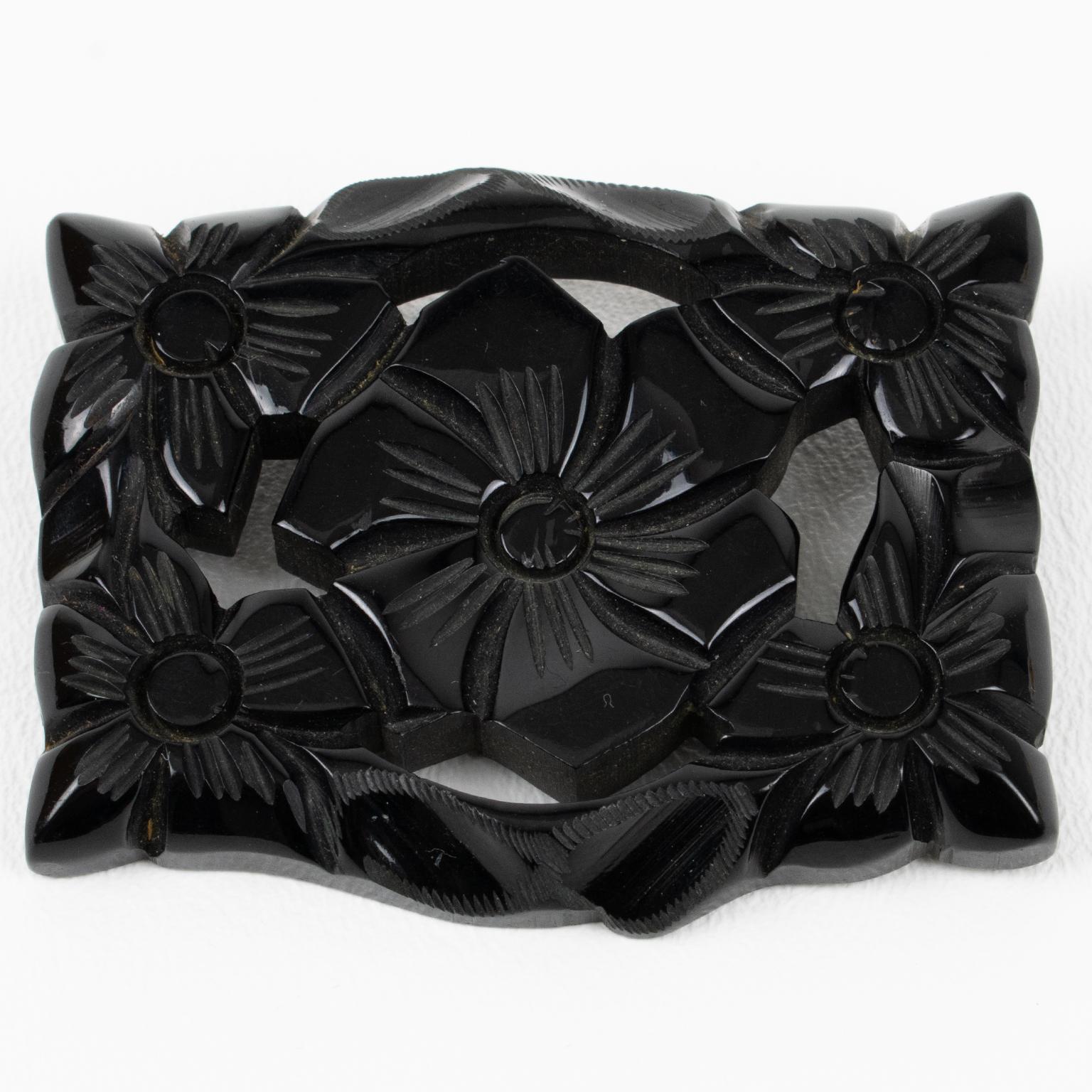 Art Deco Bakelite Brooch with Floral Carving For Sale 3