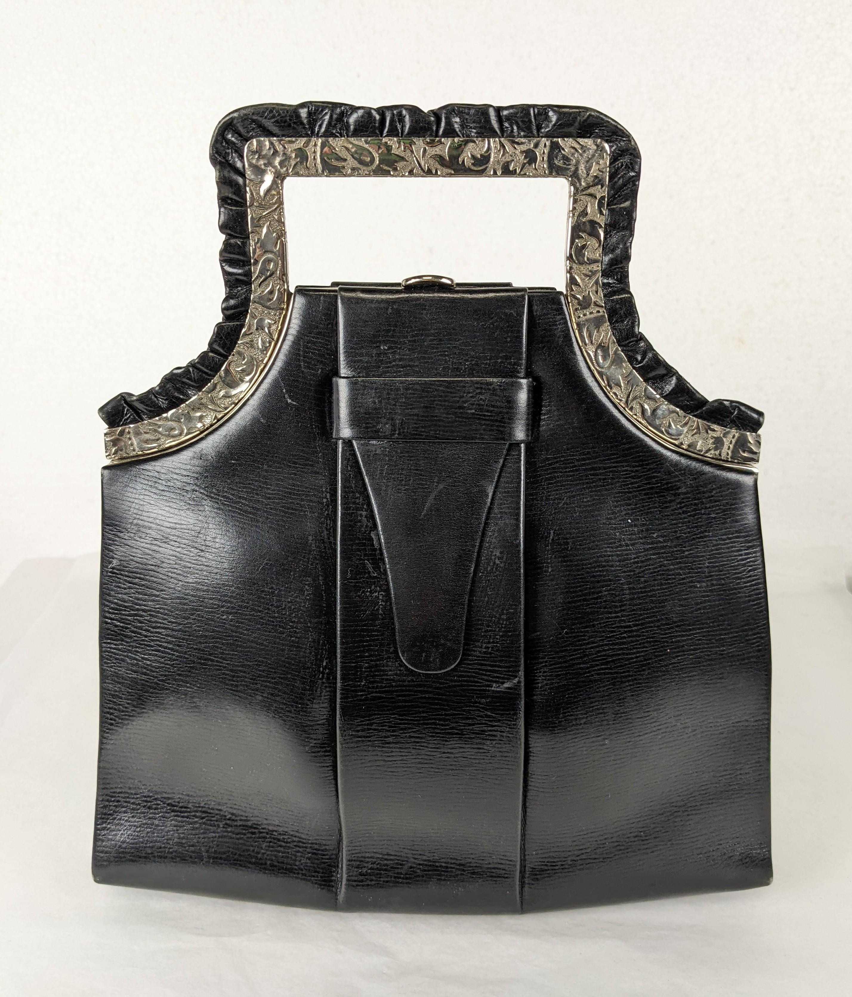 Amazing Art Deco Black Calf Top Handle Bag with elaborate chased chrome frame and leather ruffle accents. Incredible novelty design.  1930's USA. 