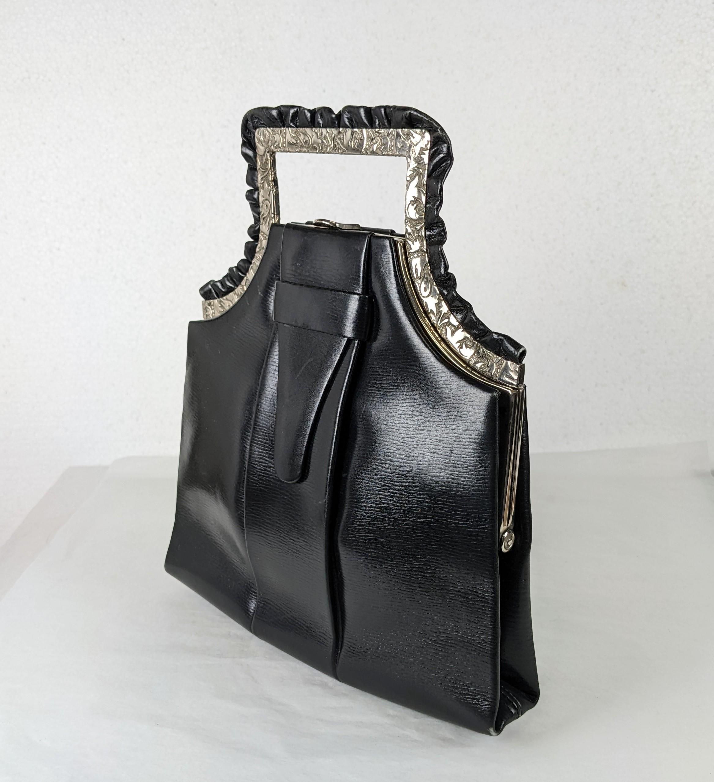 Art Deco Black Calf Top Handle Bag In Good Condition For Sale In New York, NY
