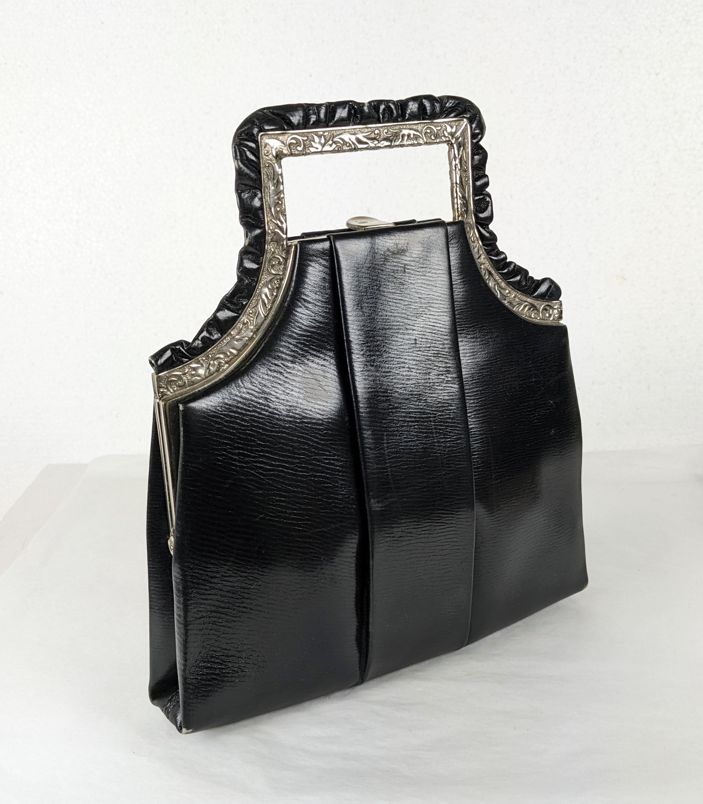 Women's Art Deco Black Calf Top Handle Bag For Sale