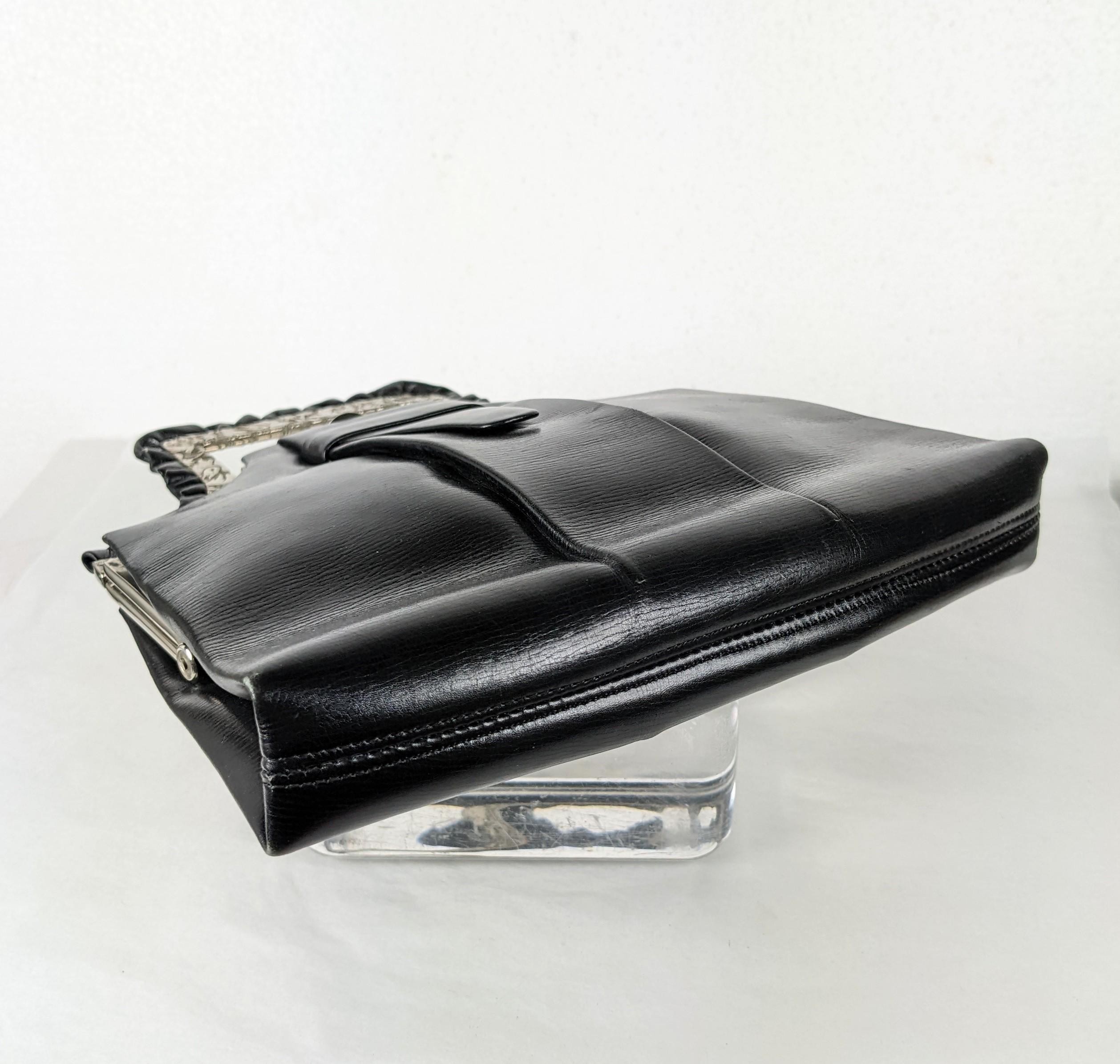 Art Deco Black Calf Top Handle Bag For Sale 2