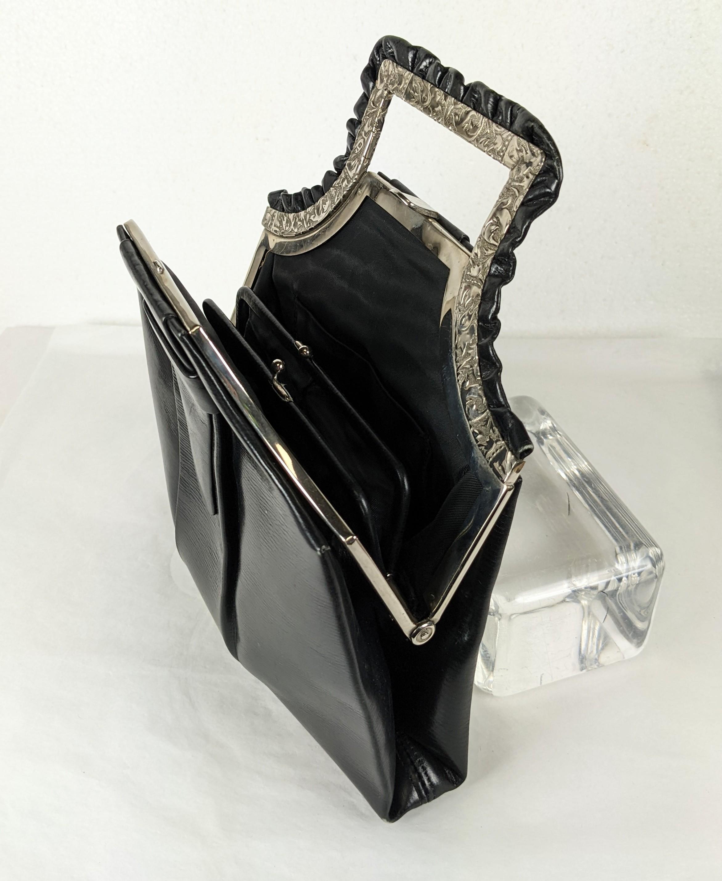 Art Deco Black Calf Top Handle Bag For Sale 3