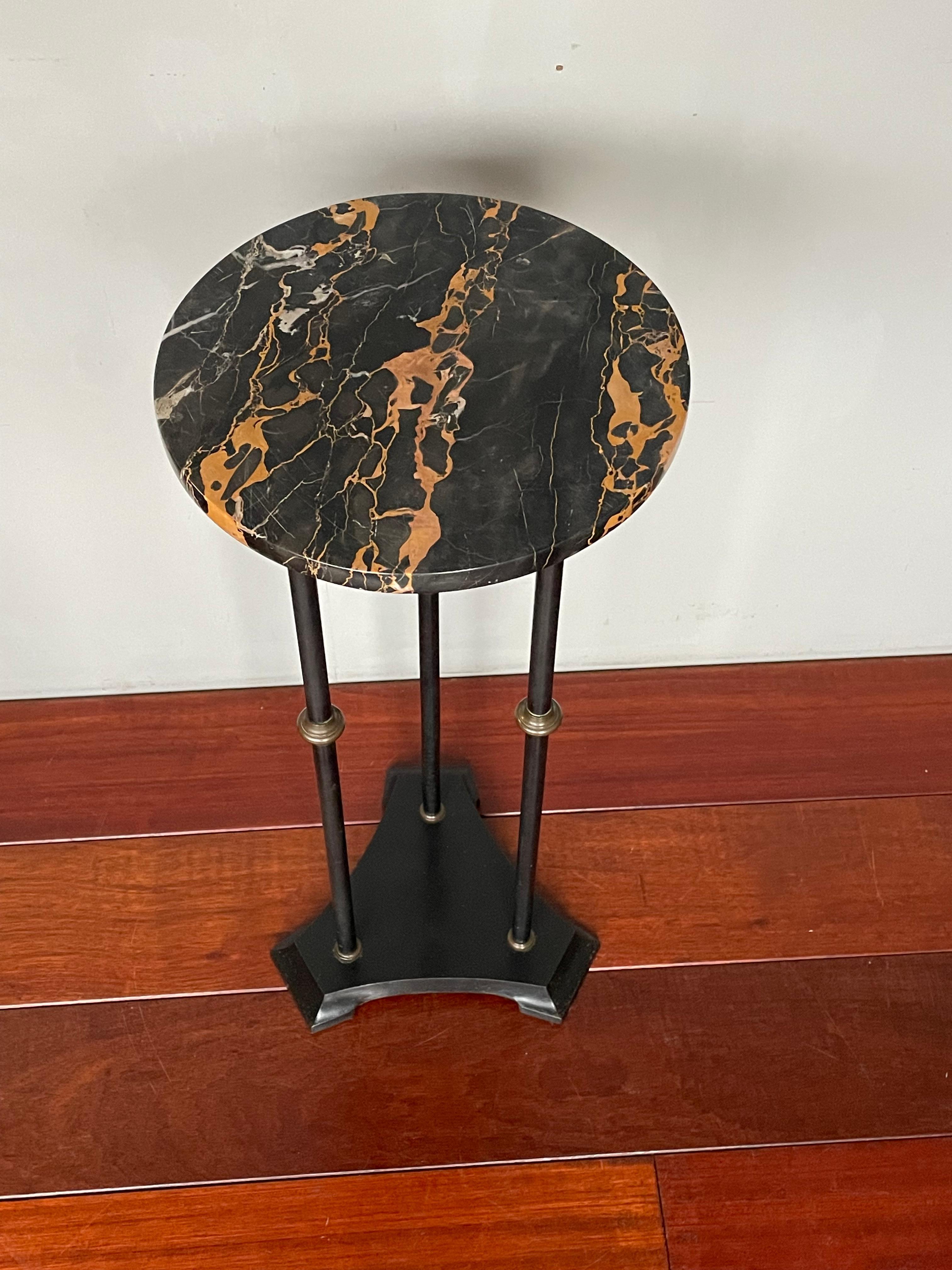 European Art Deco Black Cast Iron Pedestal Table / Sculpture Stand w. Stunning Marble Top For Sale
