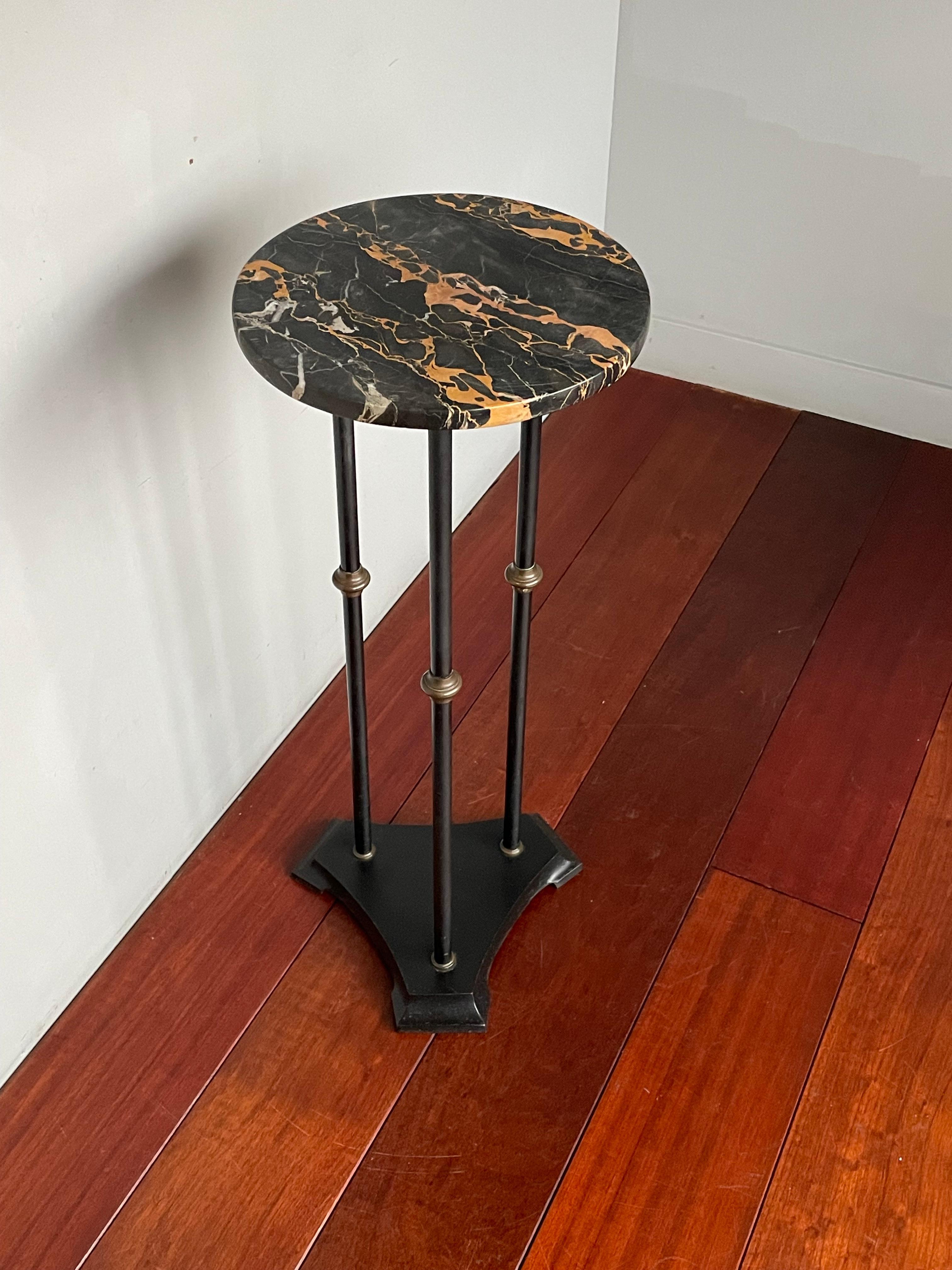 Blackened Art Deco Black Cast Iron Pedestal Table / Sculpture Stand w. Stunning Marble Top For Sale