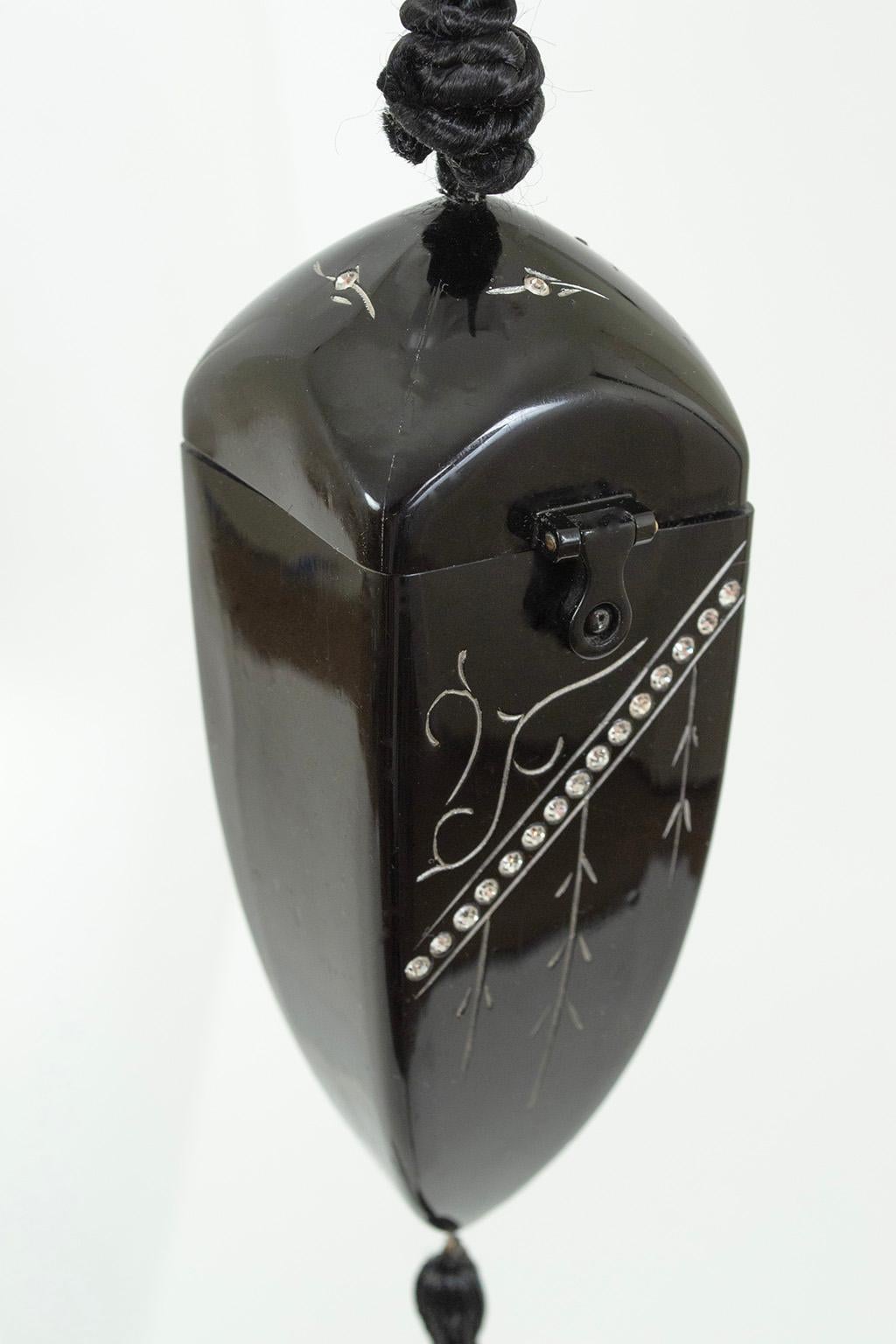 Art Deco Black Celluloid and Rhinestone Dagger Lipstick Minaudière, 1930s For Sale 1