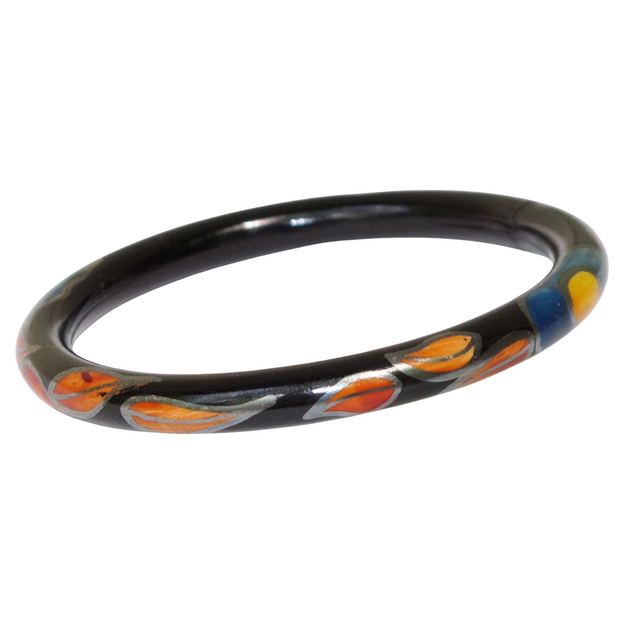 Bracelet Art Déco en celluloïd noir avec design de feuilles