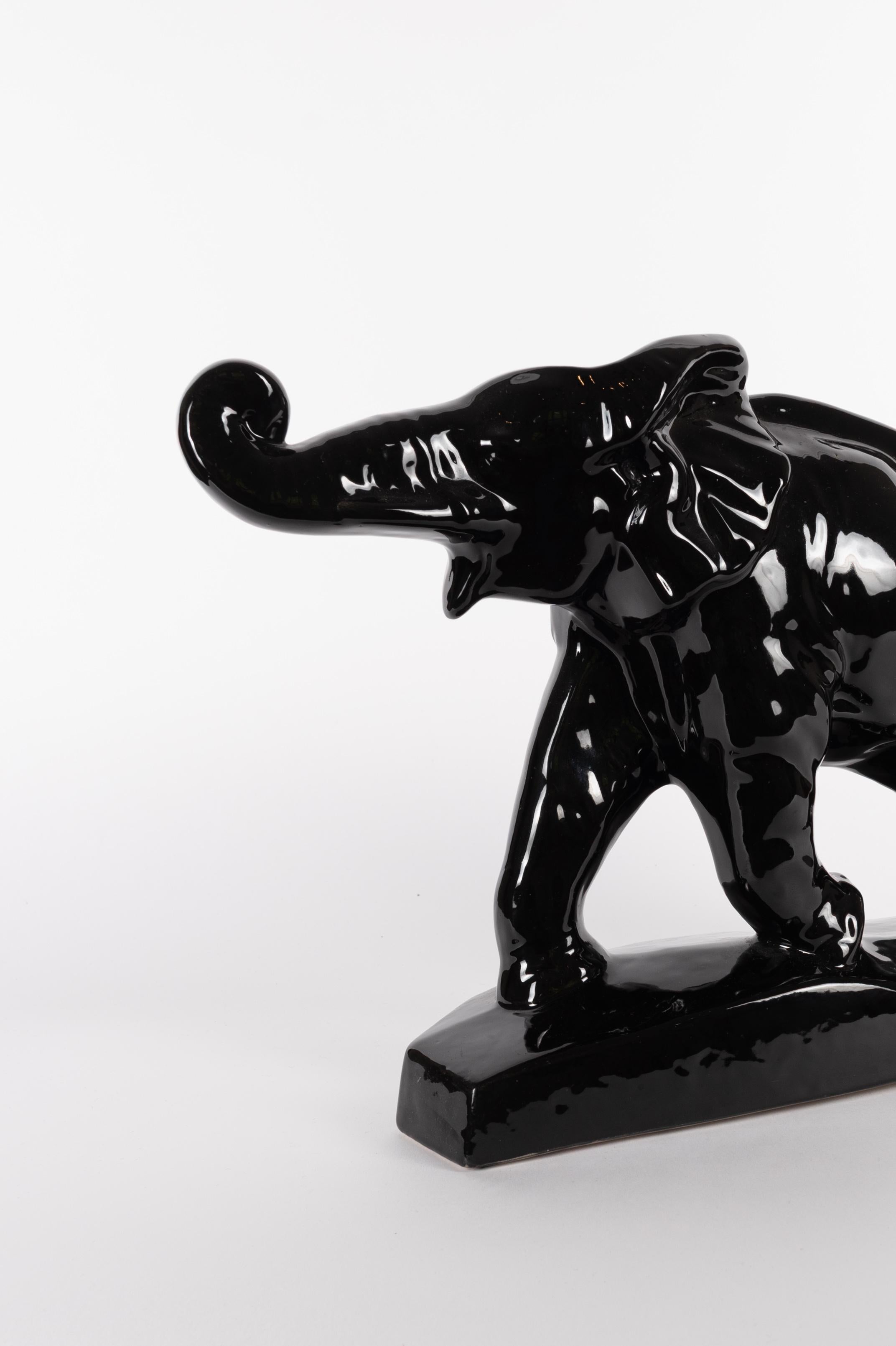 Eléphant Art déco en céramique noire par Lemanceau Bon état - En vente à Oostende, BE