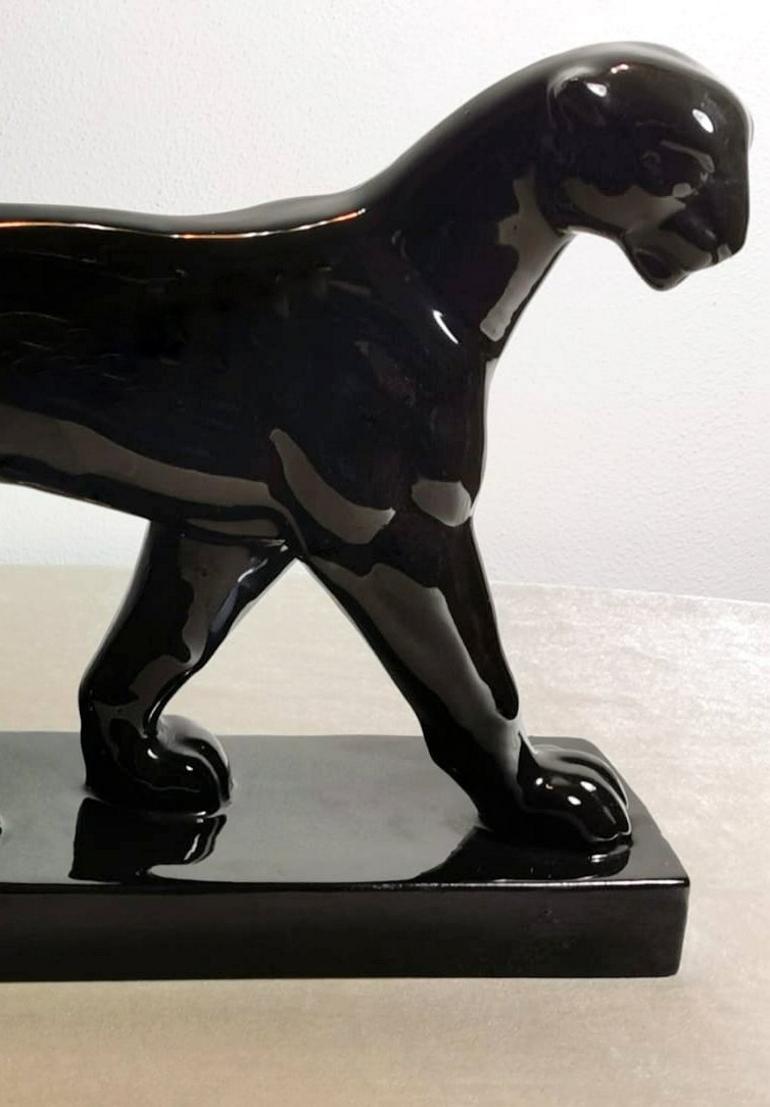 Glazed Art Deco Black Ceramic Panther, France