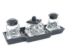 Art Deco Black and Clear Glass Condiment Set Vintage Europe, Sweden, 1930s