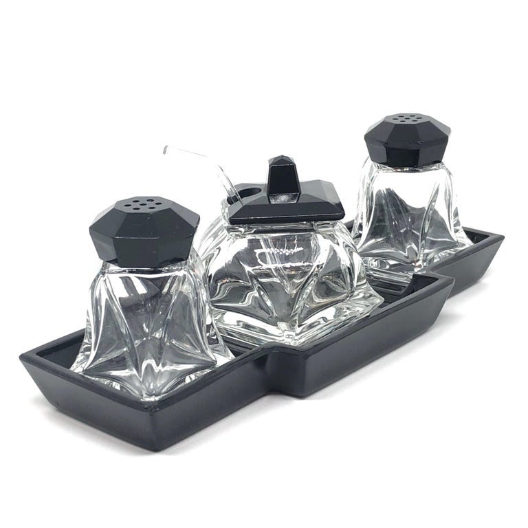 Art Deco Black and Clear Glass Condiment Set Vintage Europe, Sweden