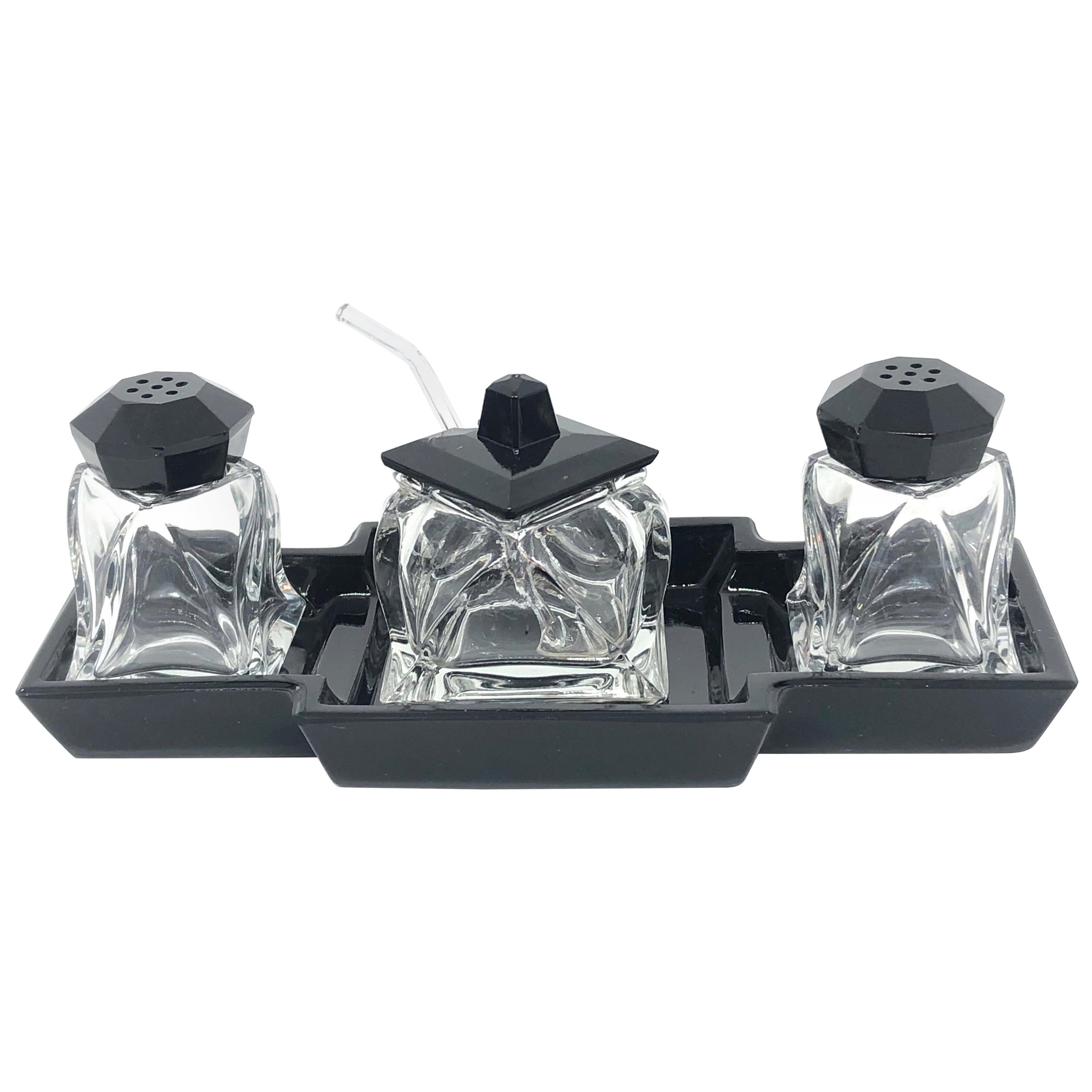 Art Deco Black and Clear Glass Condiment Set Vintage Europe, Sweden, 1930s For Sale