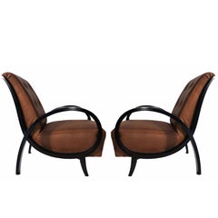 Art Deco Black Ebonized Wood and Brown Leather Italian Armchairs, 1930s