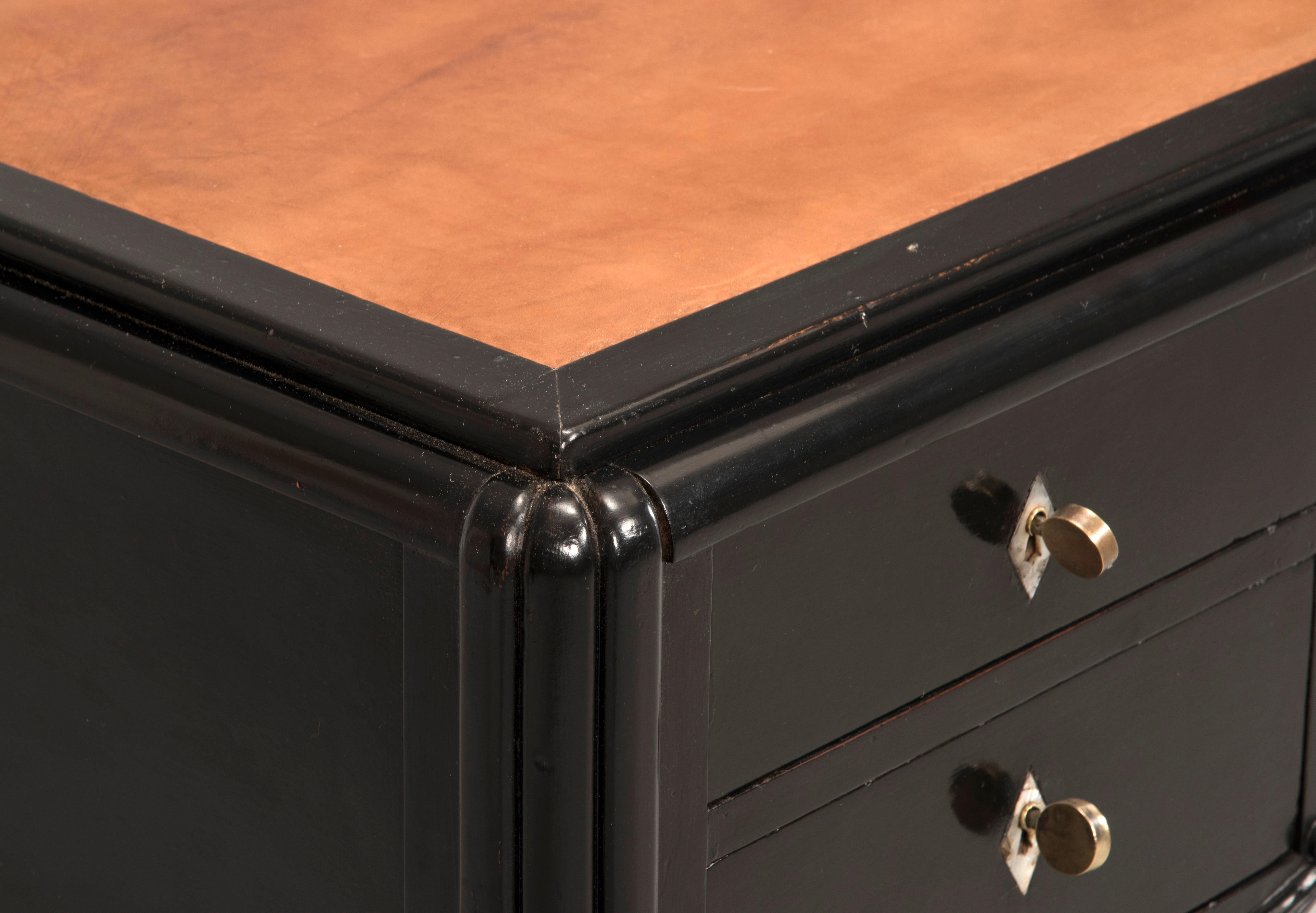 French Art Deco Black Ebonized Wood Leather Top Desk