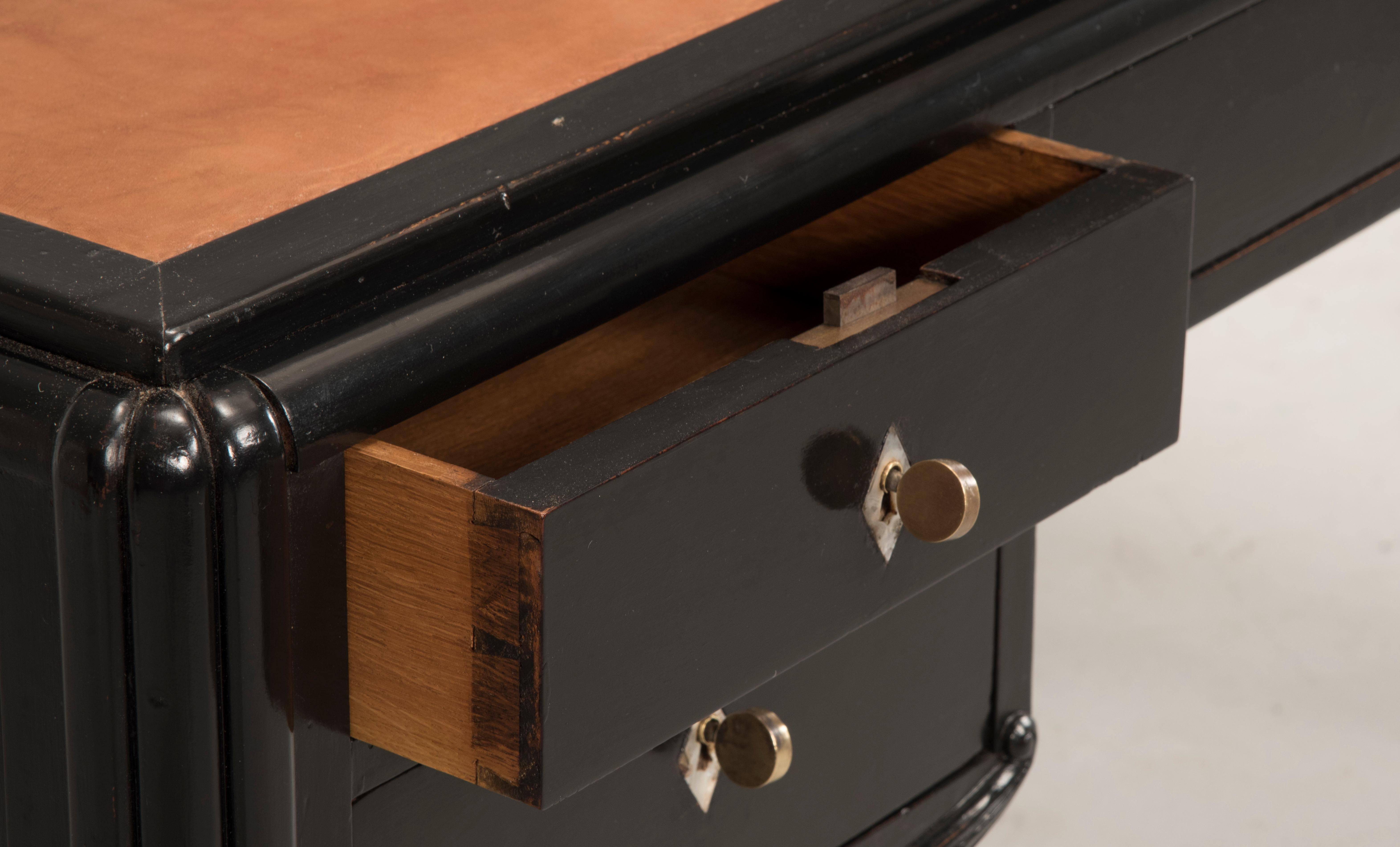 20th Century Art Deco Black Ebonized Wood Leather Top Desk