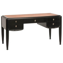 Used Art Deco Black Ebonized Wood Leather Top Desk