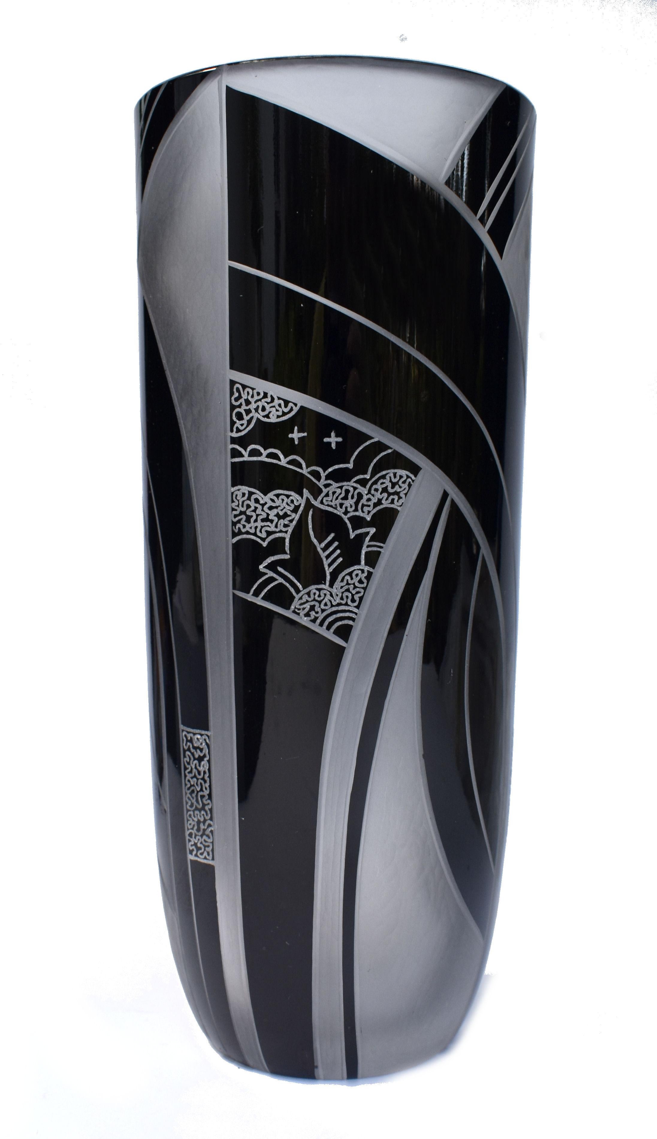 Enameled Art Deco Black Enamel Glass & Etched Vase, Czech Republic, C1935 For Sale