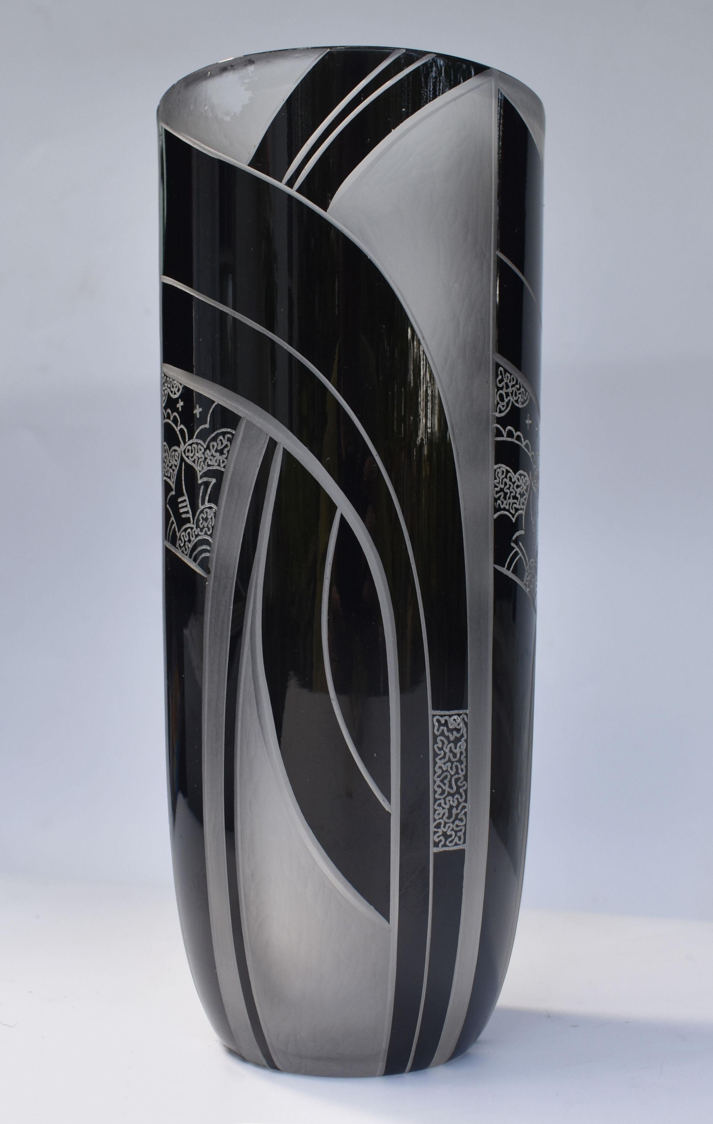 20th Century Art Deco Black Enamel Glass & Etched Vase, Czech Republic, C1935 For Sale