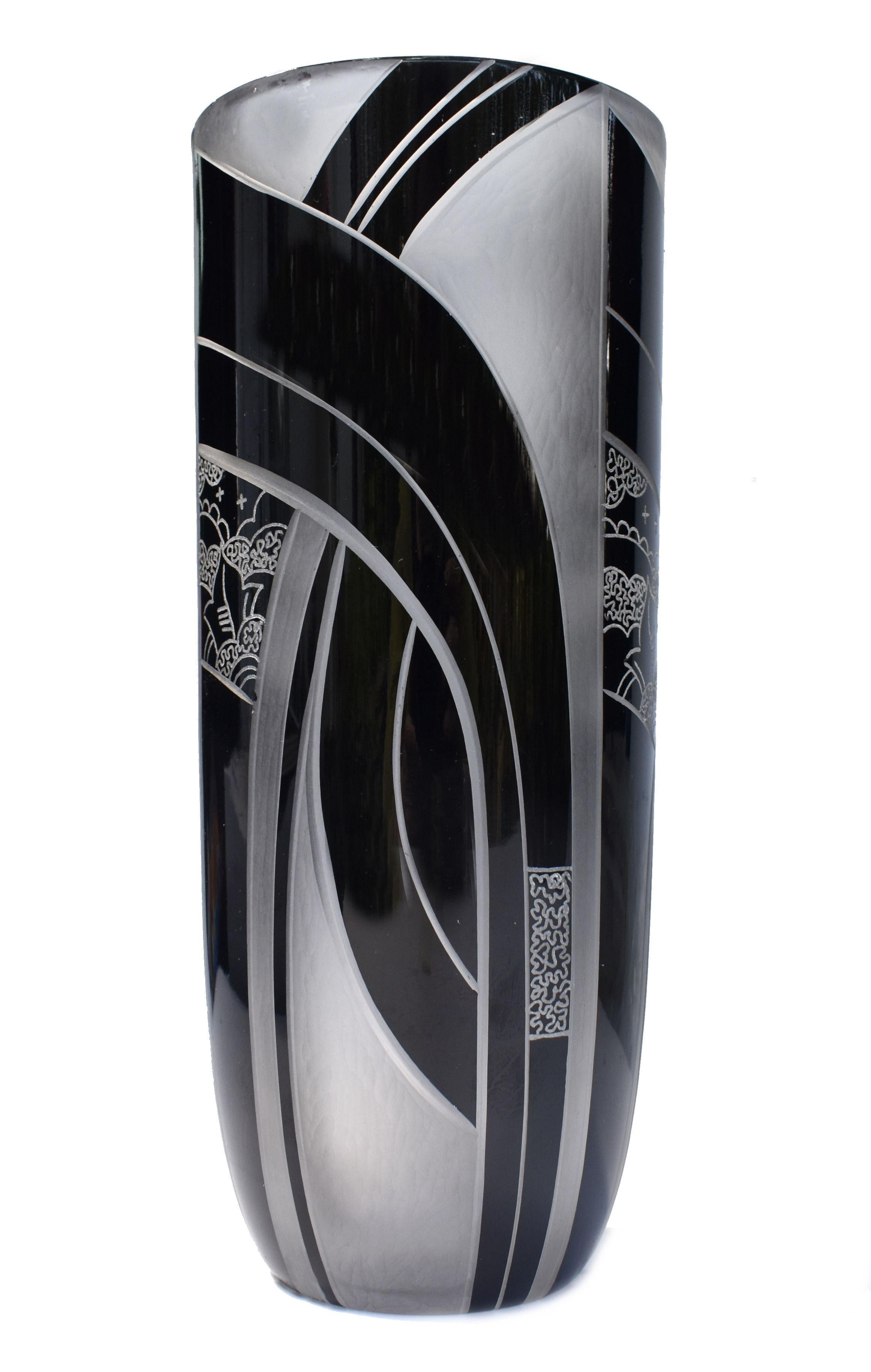 Cut Glass Art Deco Black Enamel Glass & Etched Vase, Czech Republic, C1935 For Sale