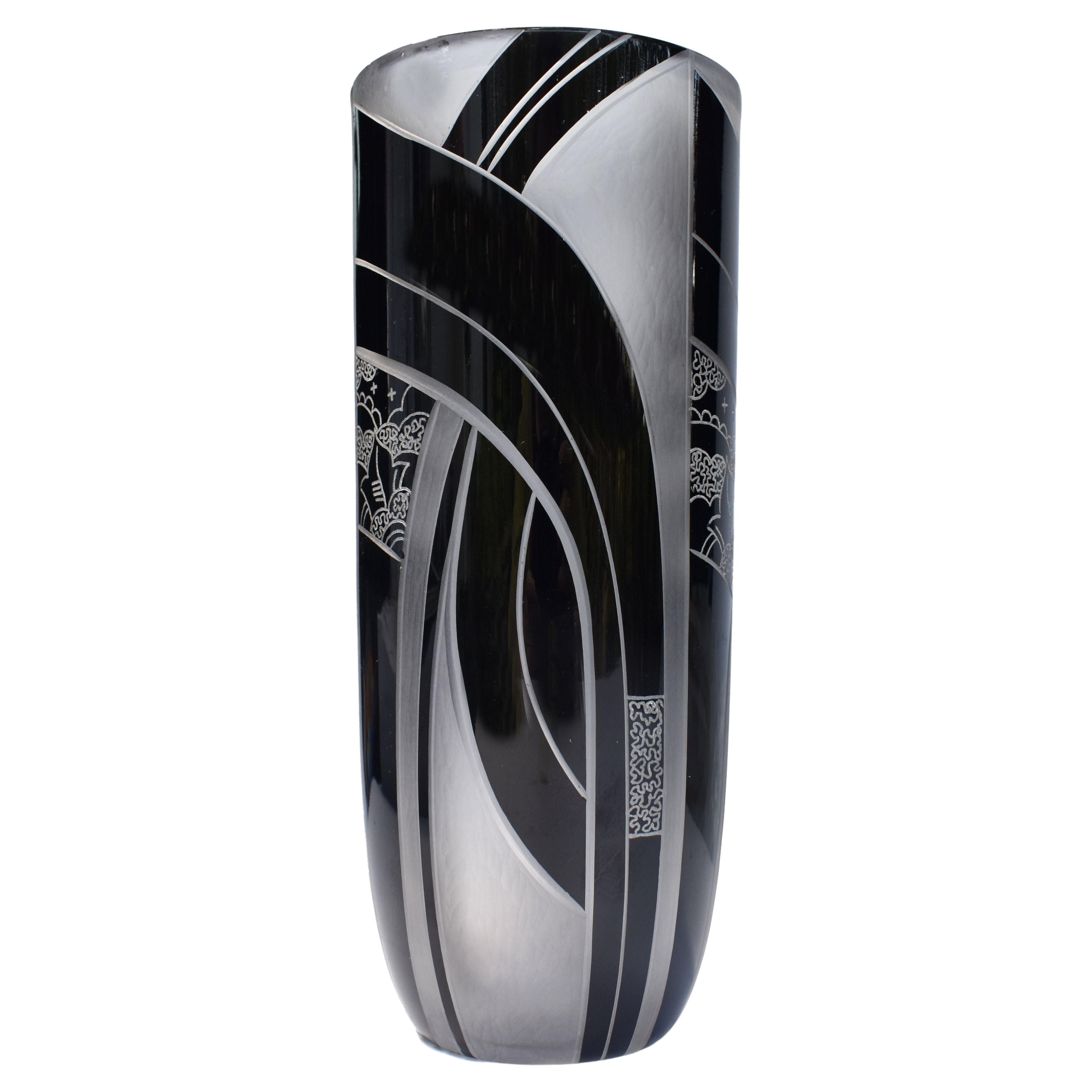 Art Deco Black Enamel Glass & Etched Vase, Czech Republic, C1935 For Sale
