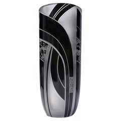 Art Deco Black Enamel Glass & Etched Vase, Czech Republic, C1935