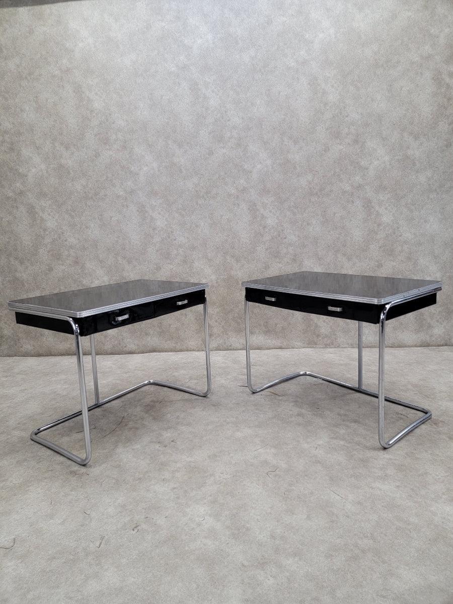 Sconosciuto Scrivania a 2 cassetti con cornice tubolare in smalto nero Art Deco in vendita