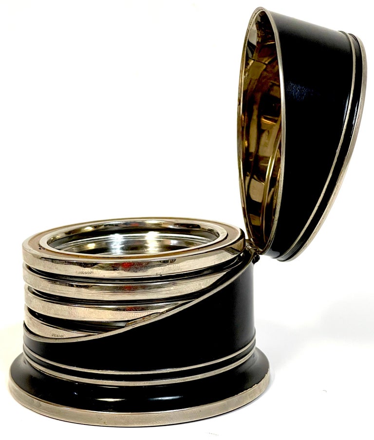 Art Deco Black Enameled and Crystal Dog Intaglio Motif Coaster Box Set ...