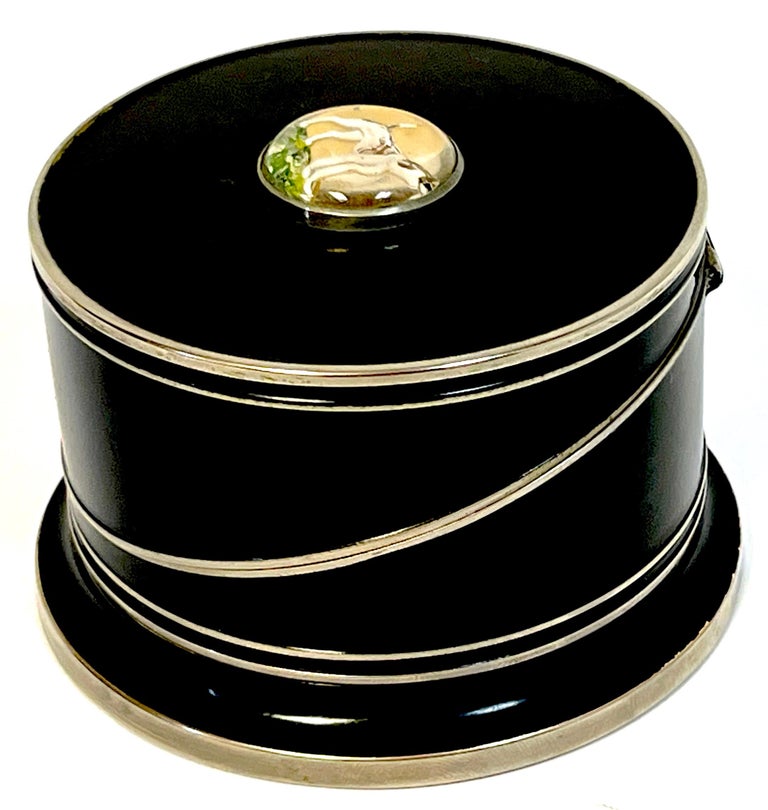 Art Deco Black Enameled and Crystal Dog Intaglio Motif Coaster Box Set ...