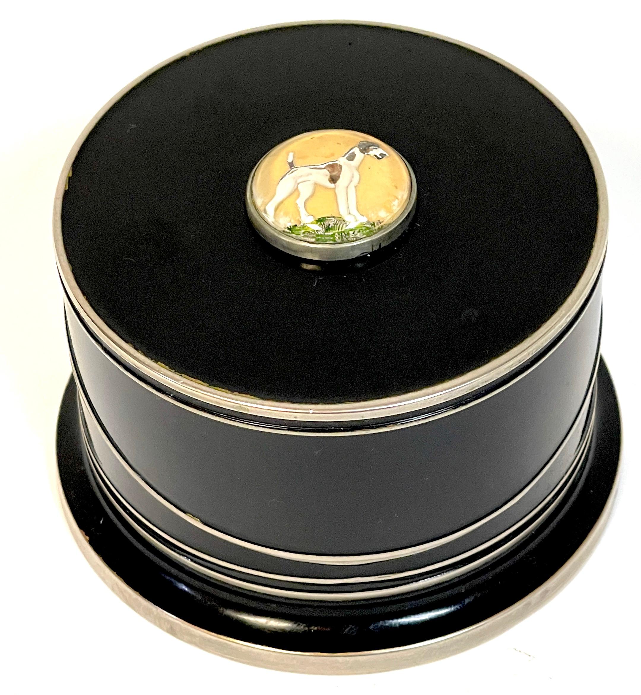 Art Deco Black Enameled & Crystal Dog Intaglio Motif Coaster Box Set For Sale 7