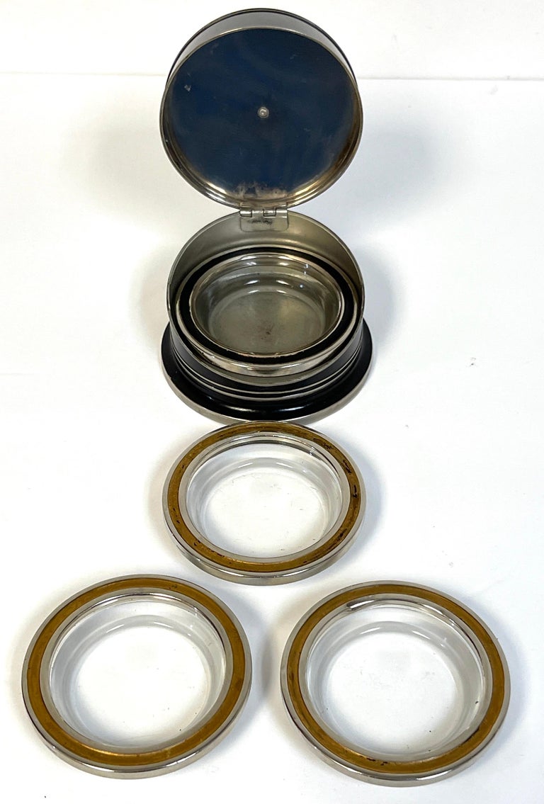 Art Deco Black Enameled and Crystal Dog Intaglio Motif Coaster Box Set ...