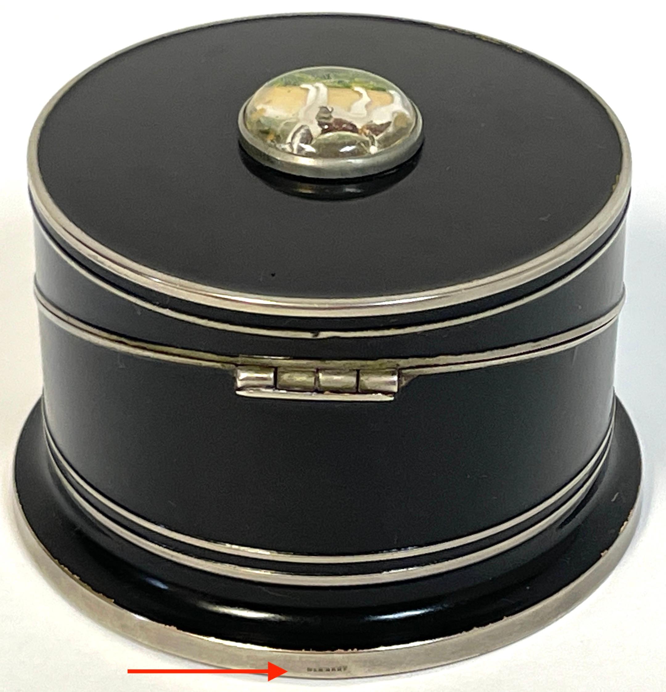 Art Deco Black Enameled & Crystal Dog Intaglio Motif Coaster Box Set For Sale 1