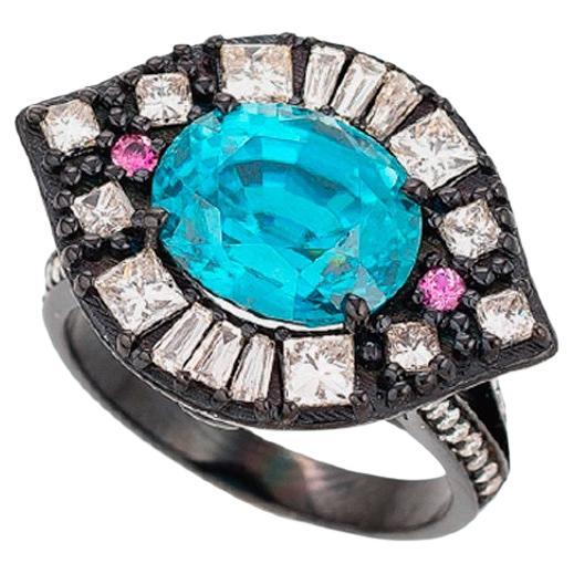 7.58 Carat Zircon Diamond Pink Sapphire 18k Gold Black Rhodium Cluster Ring For Sale