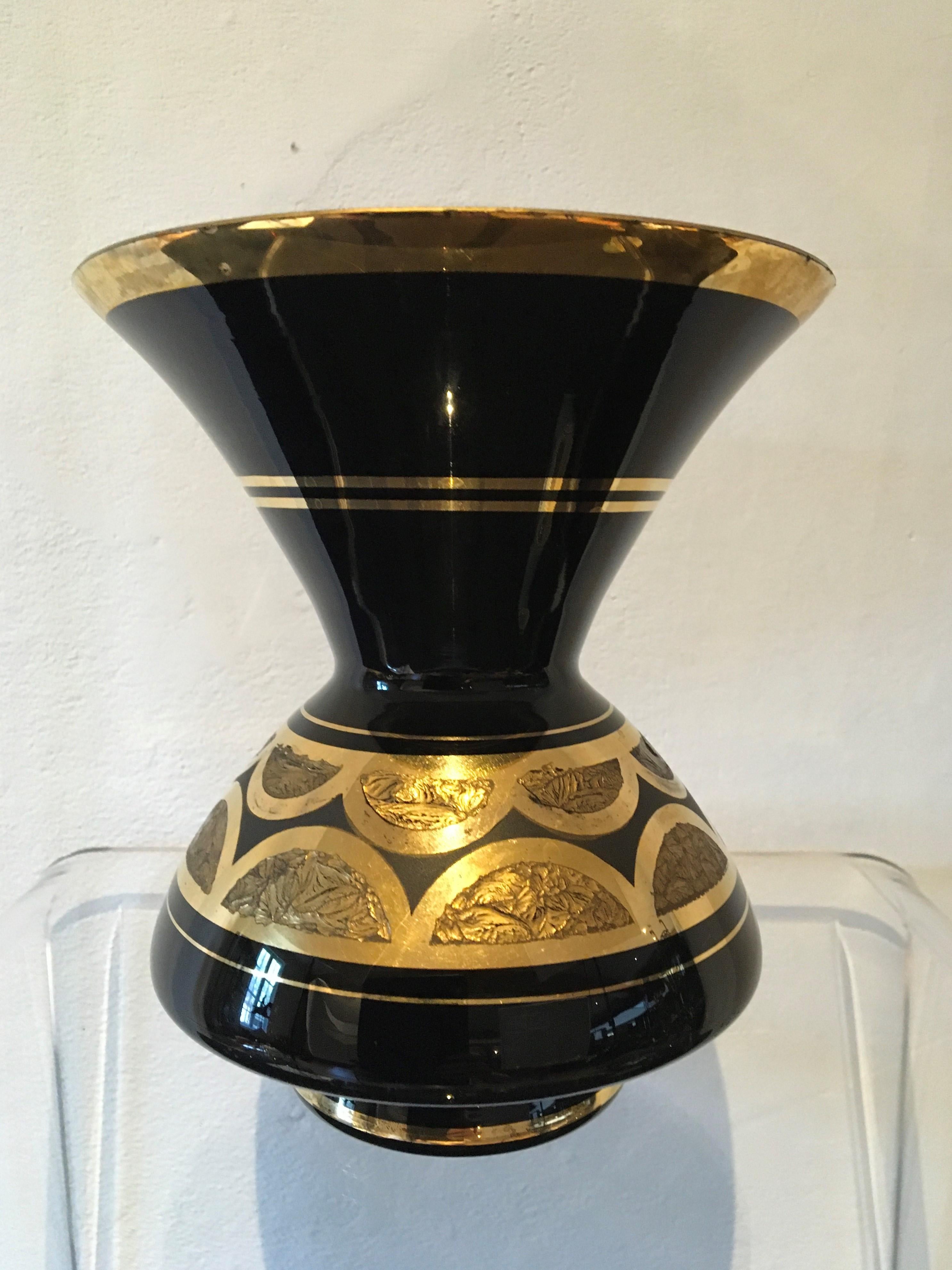 Art Deco Black Gilded Hyalite Glass Vase, De Rupel Boom, Belgium, 1930s 3