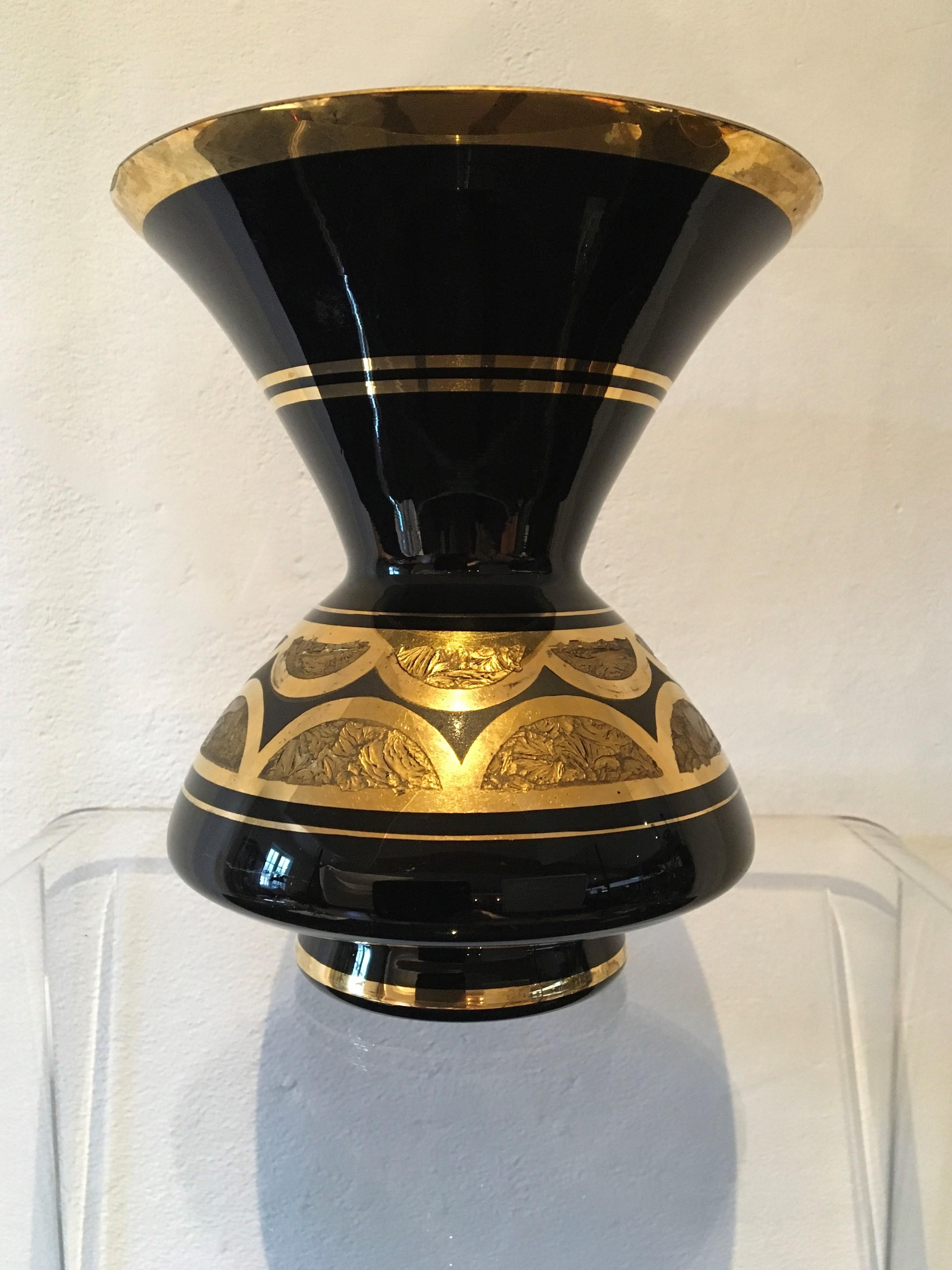 Art Deco Black Gilded Hyalite Glass Vase, De Rupel Boom, Belgium, 1930s 6