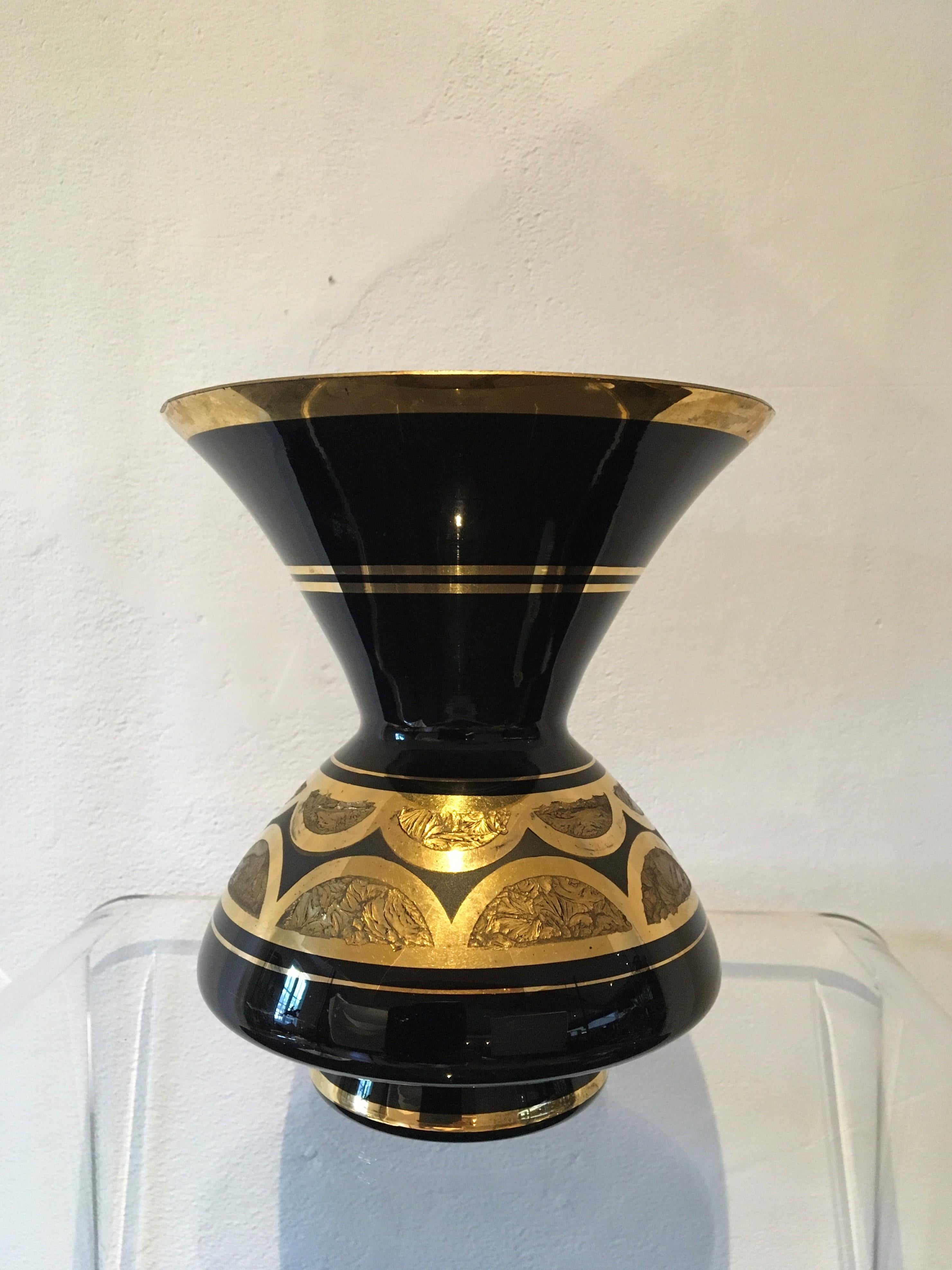 Belgian Art Deco Black Gilded Hyalite Glass Vase, De Rupel Boom, Belgium, 1930s