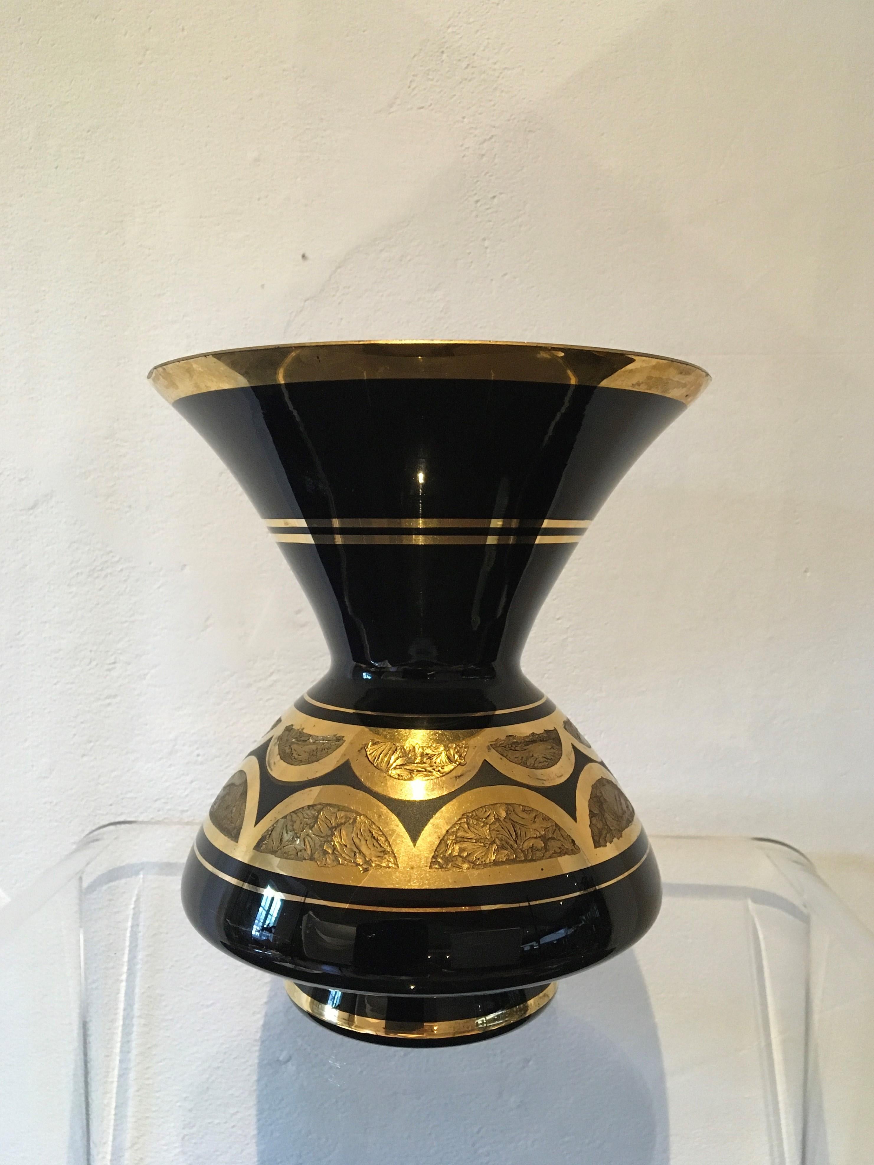 Belge Vase en verre Hyalite doré noir Art Déco, De Rupel Boom, Belgique, années 1930