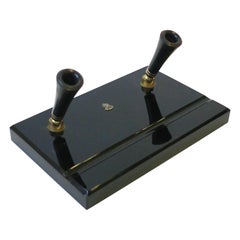 Art Deco Black Glass and Brass Desk Pen Holder with Crest