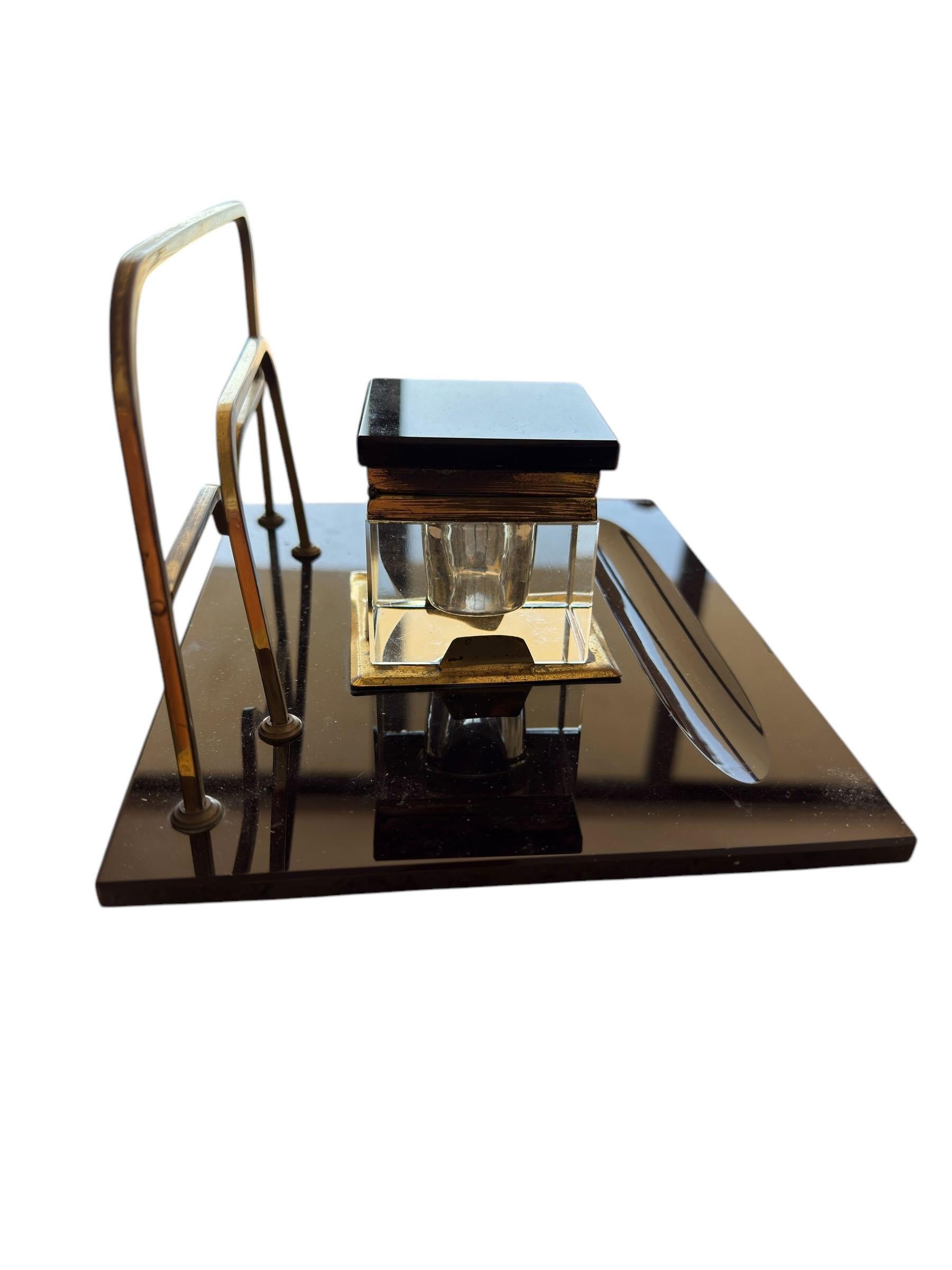Art Deco Black Glass and Brass Inkwell With Letter Rack Desk Set For Sale 5