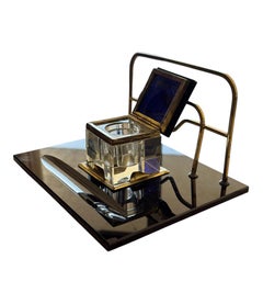 Art Deco Black Glass and Brass Inkwell With Letter Rack Desk Set