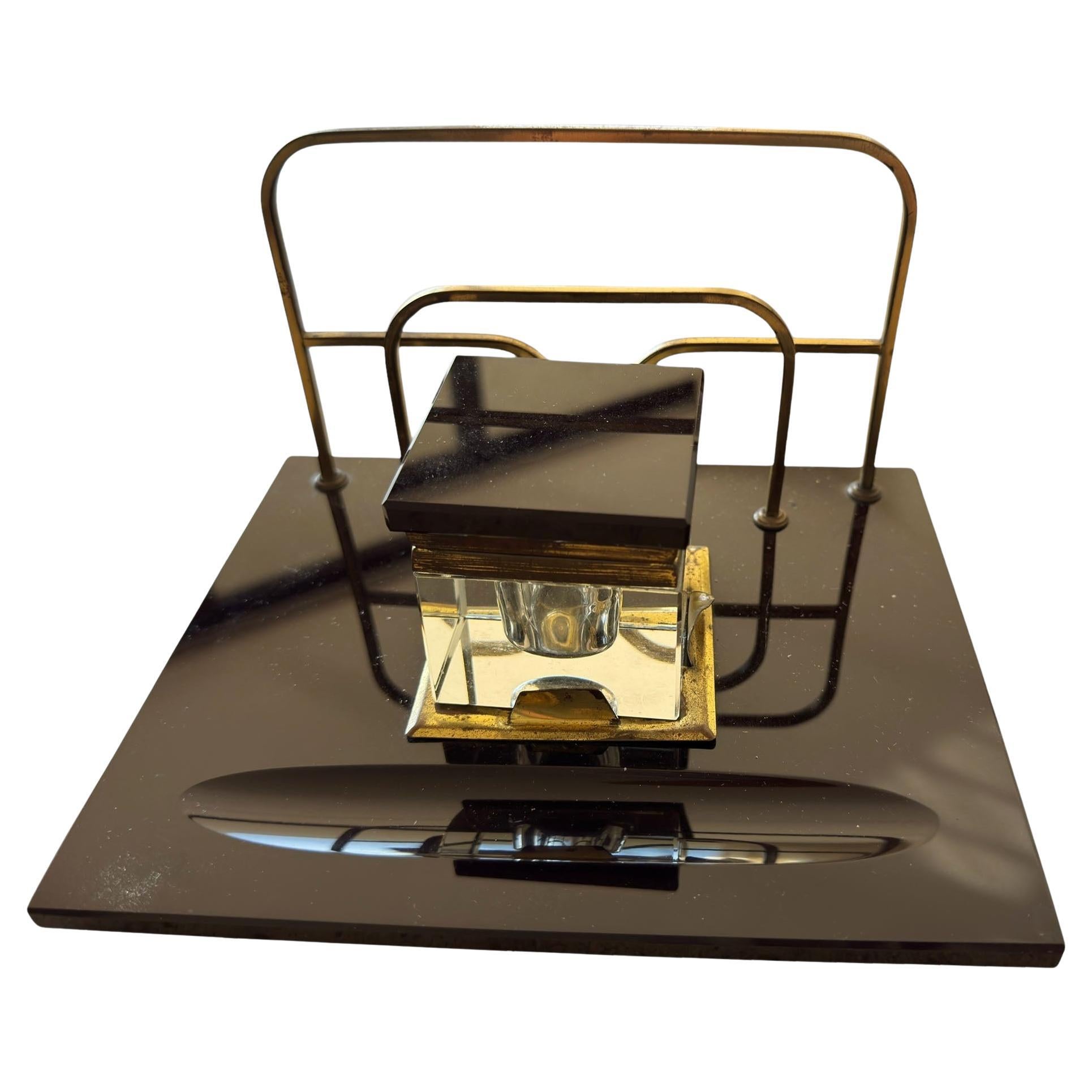 American Art Deco Black Glass and Brass Inkwell With Letter Rack Desk Set For Sale