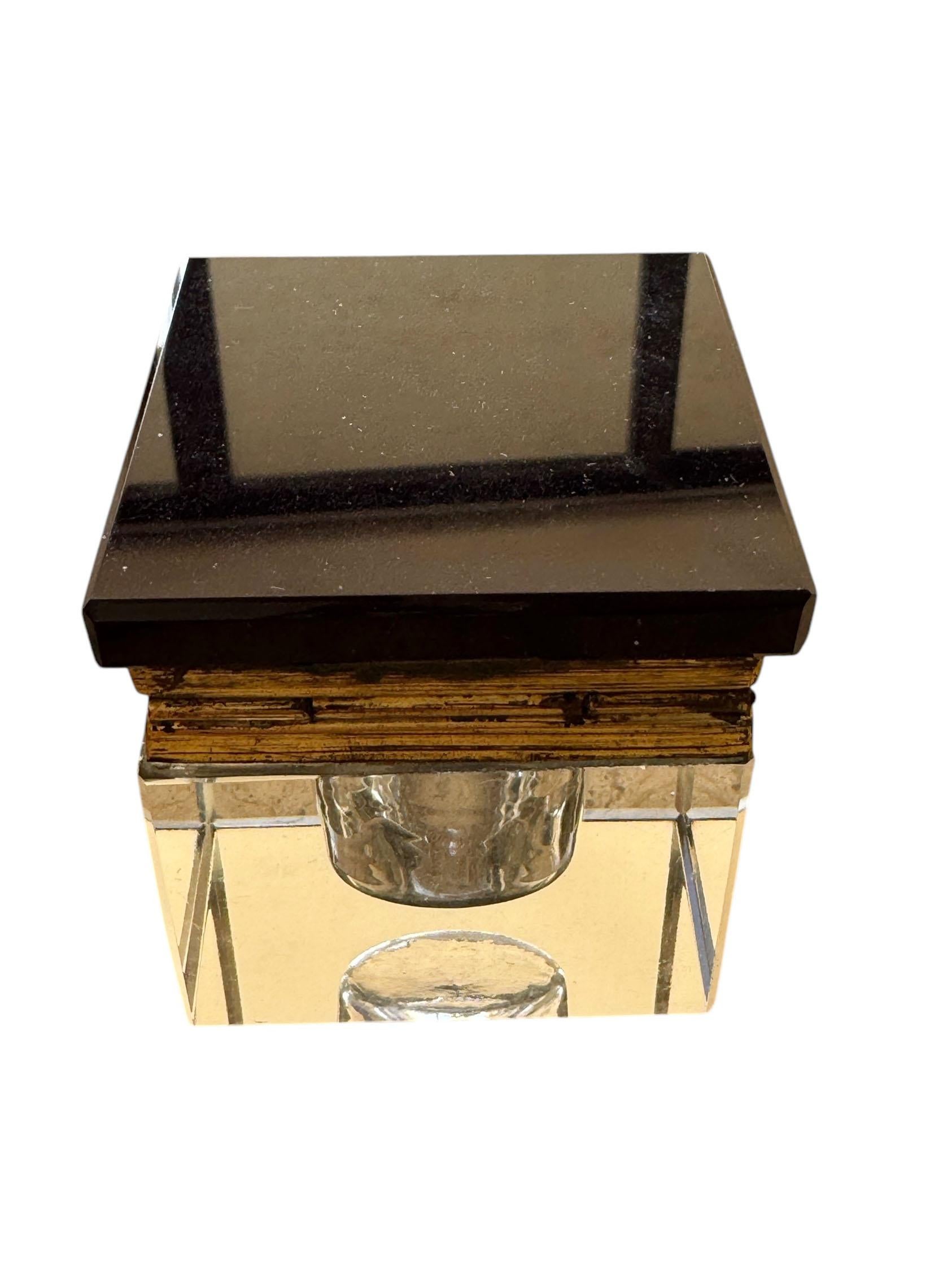 Early 20th Century Art Deco Black Glass and Brass Inkwell With Letter Rack Desk Set For Sale