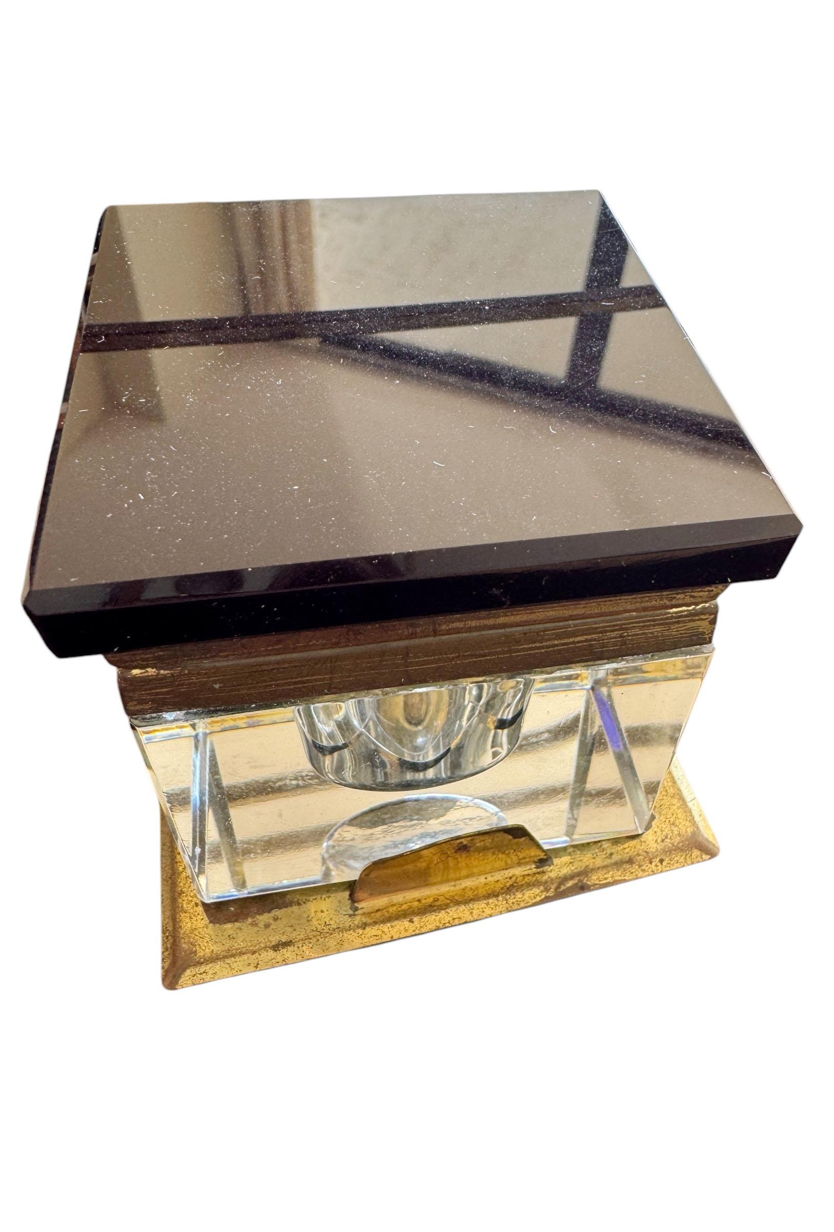 Art Deco Black Glass and Brass Inkwell With Letter Rack Desk Set For Sale 4