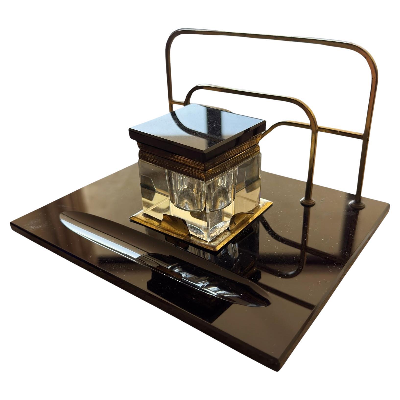 Art Deco Black Glass and Brass Inkwell With Letter Rack Desk Set