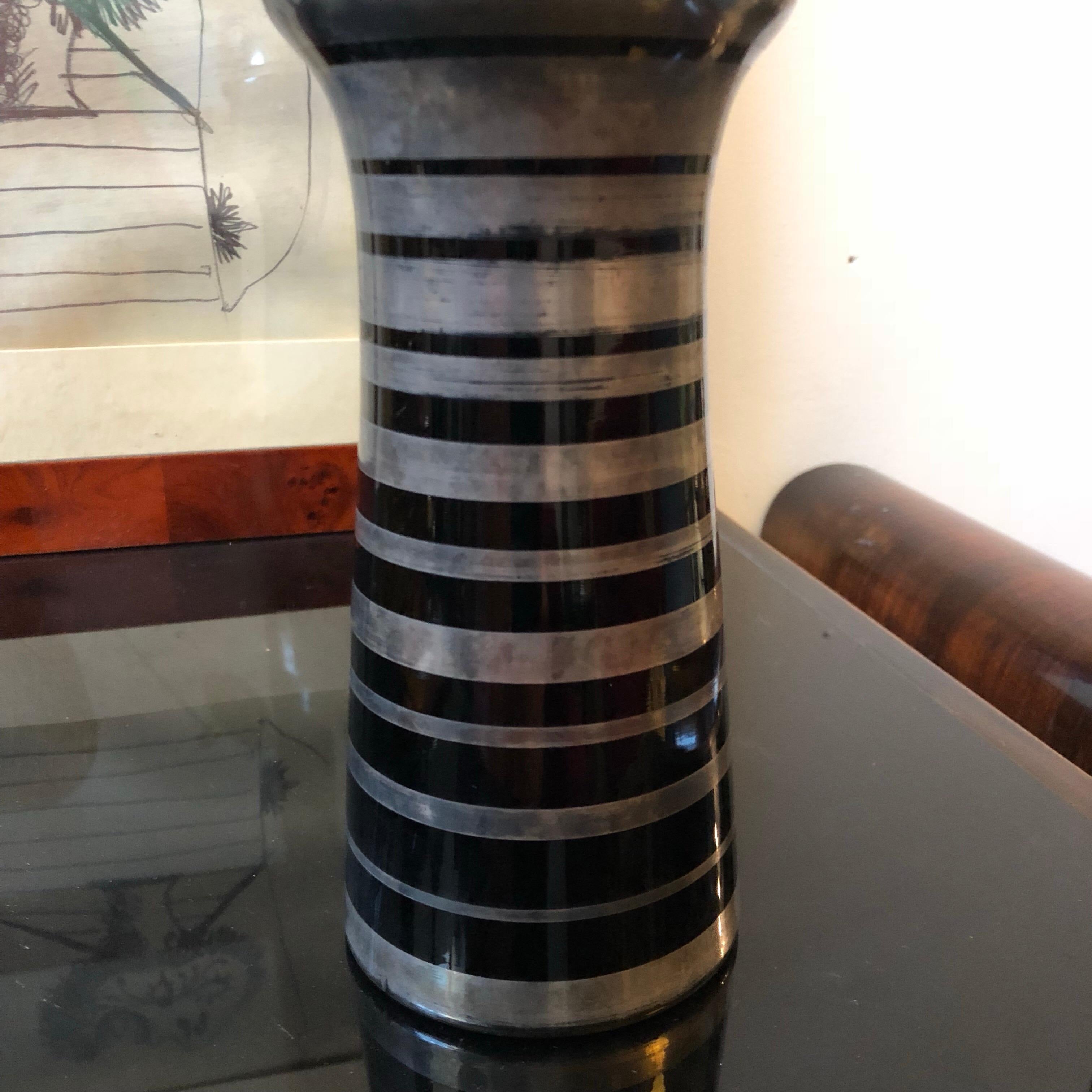 Mid-20th Century Art Deco Black Glass and Sterling Silver Italian Vase, circa 1930