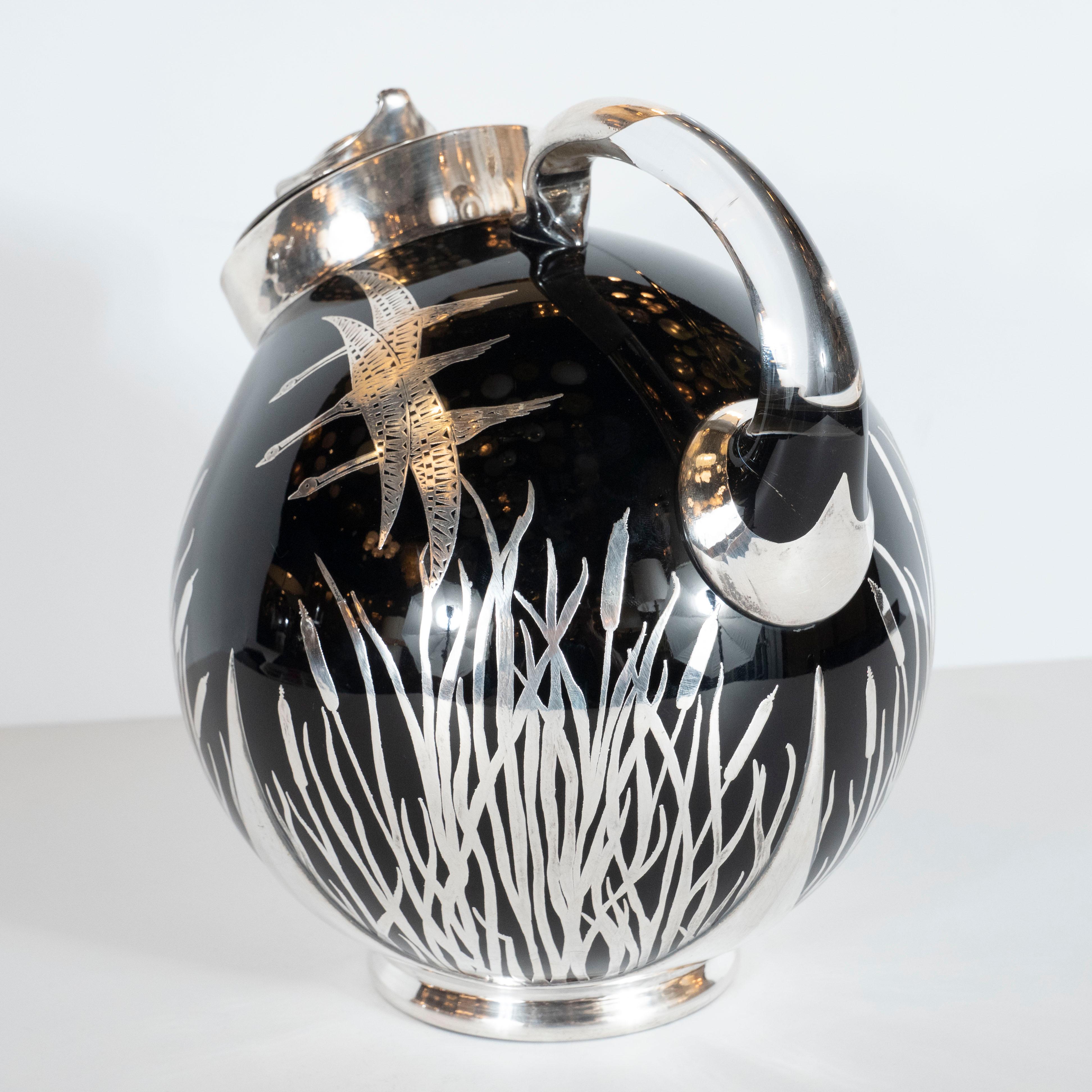 Art Deco Black Glass Bar Pitcher with Flora & Fauna Sterling Silver Overlays 5