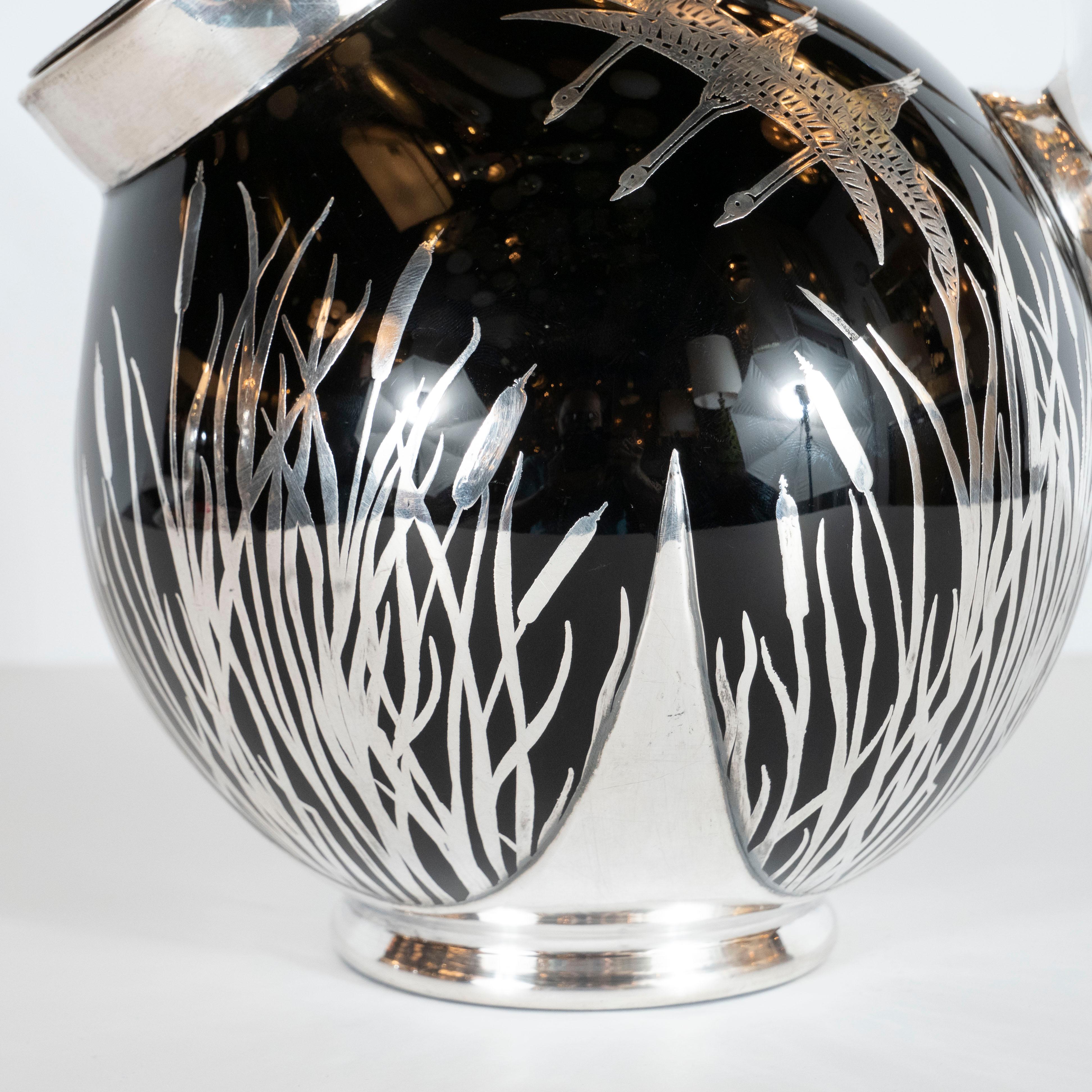 Art Deco Black Glass Bar Pitcher with Flora & Fauna Sterling Silver Overlays In Excellent Condition In New York, NY