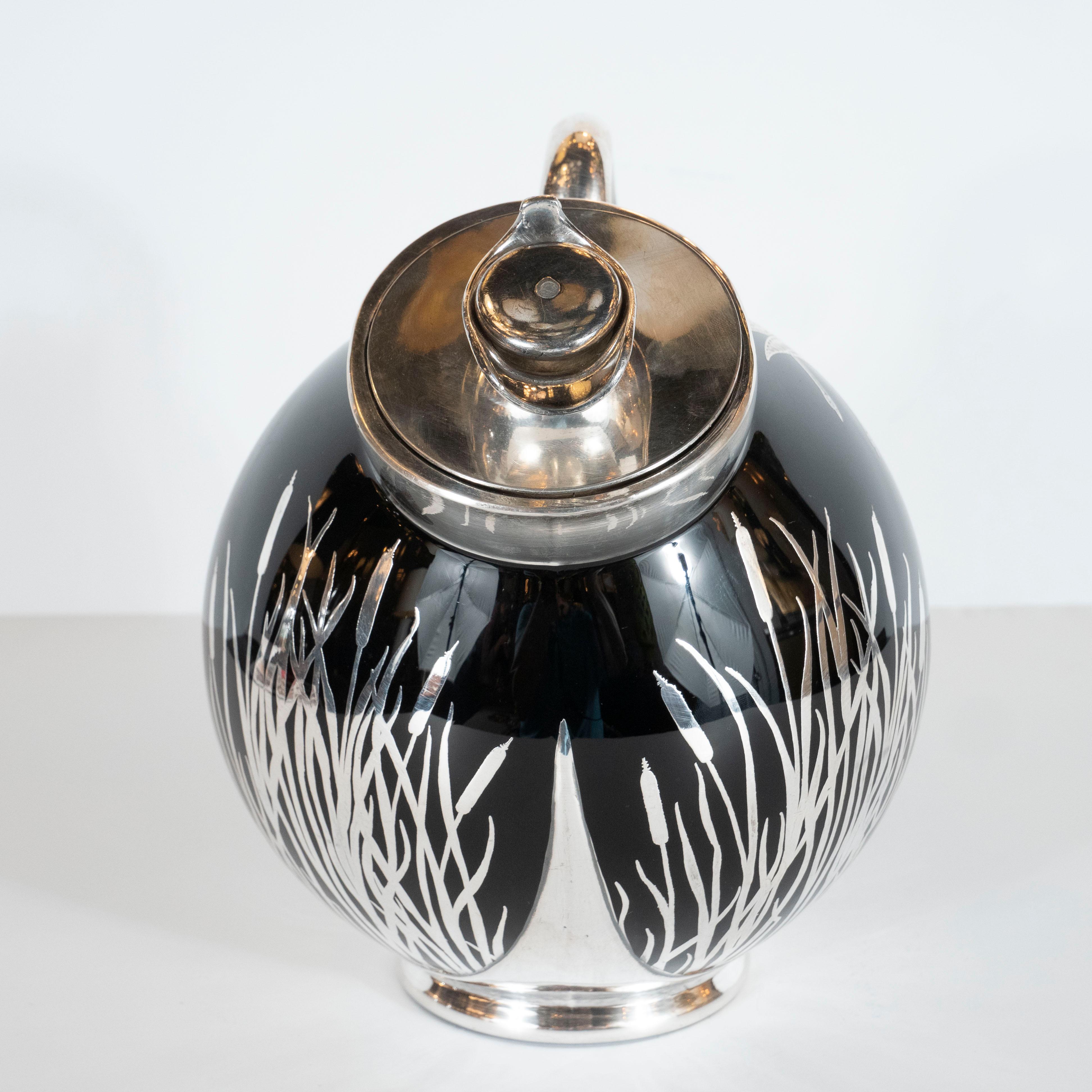 Mid-20th Century Art Deco Black Glass Bar Pitcher with Flora & Fauna Sterling Silver Overlays