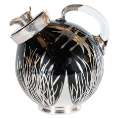 Vintage Art Deco Black Glass Bar Pitcher with Flora & Fauna Sterling Silver Overlays